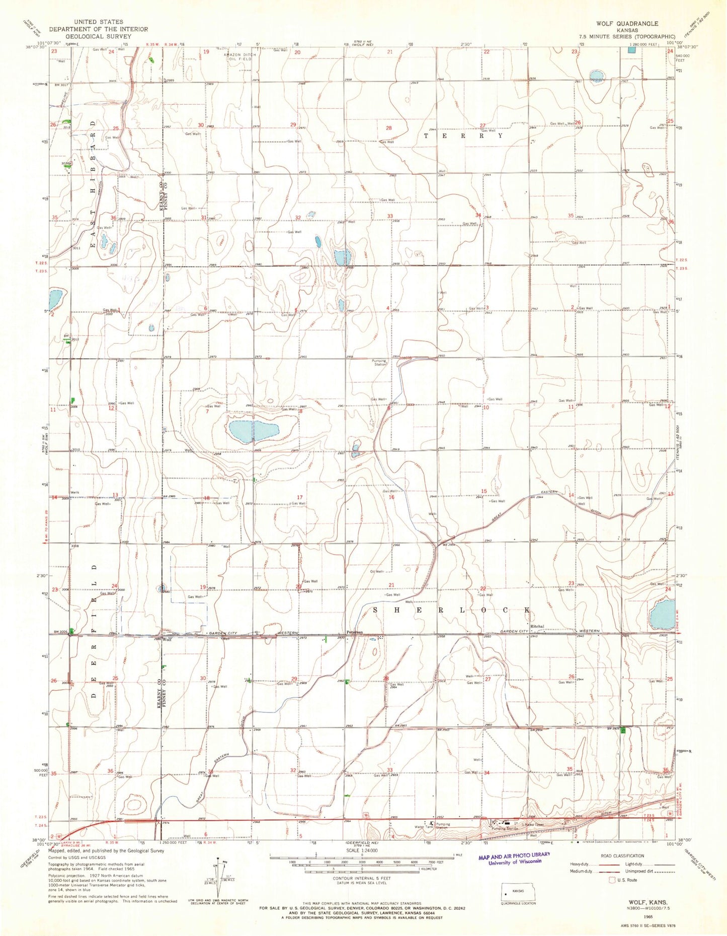 Classic USGS Wolf Kansas 7.5'x7.5' Topo Map Image