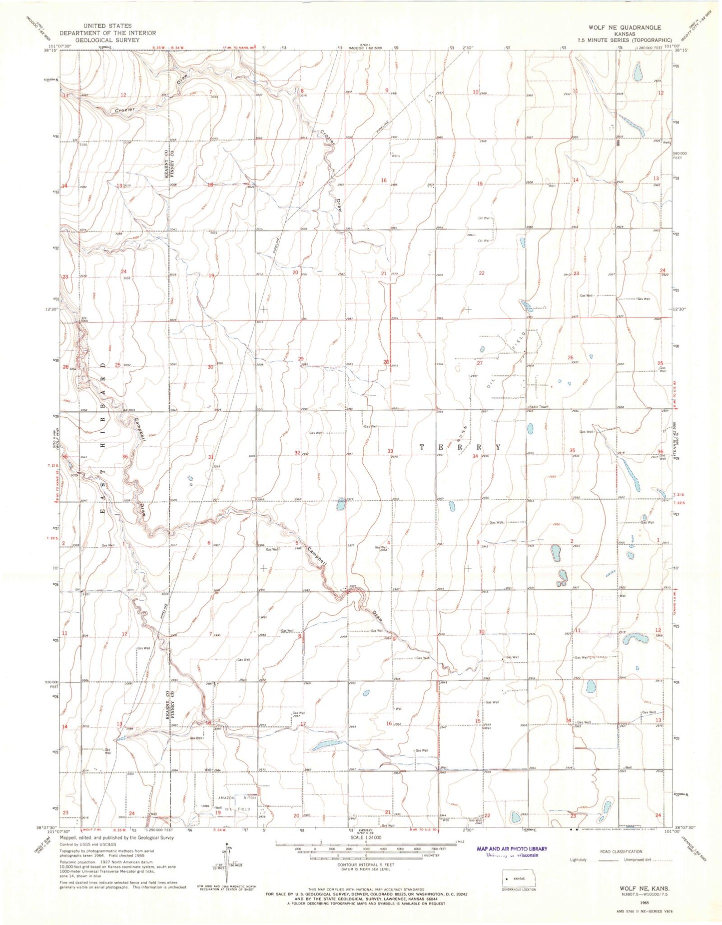 Classic USGS Wolf NE Kansas 7.5'x7.5' Topo Map Image