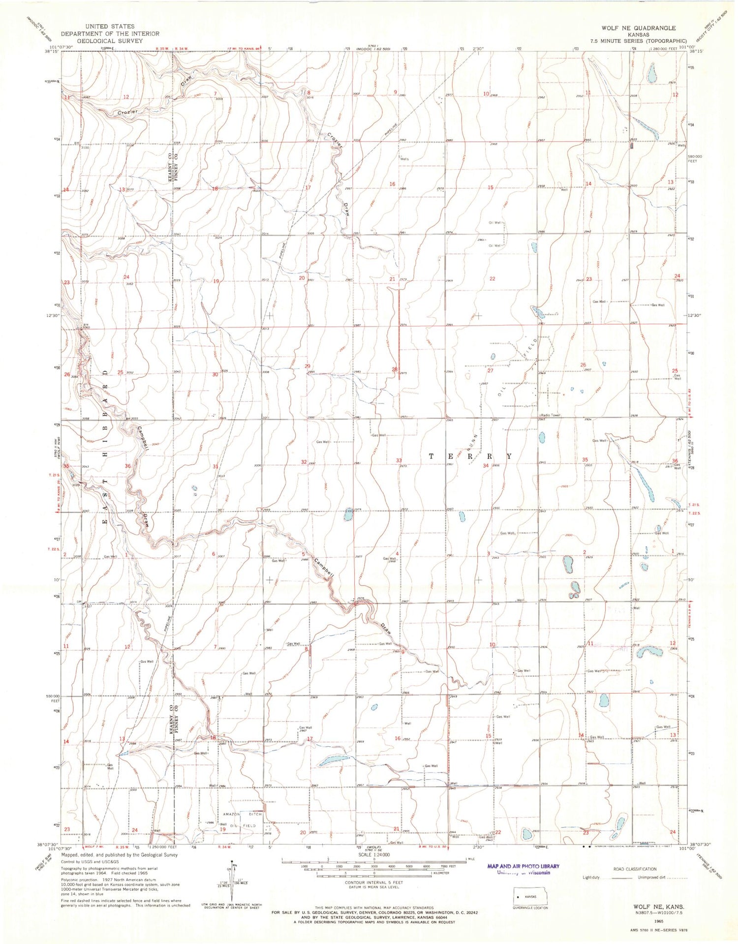 Classic USGS Wolf NE Kansas 7.5'x7.5' Topo Map Image