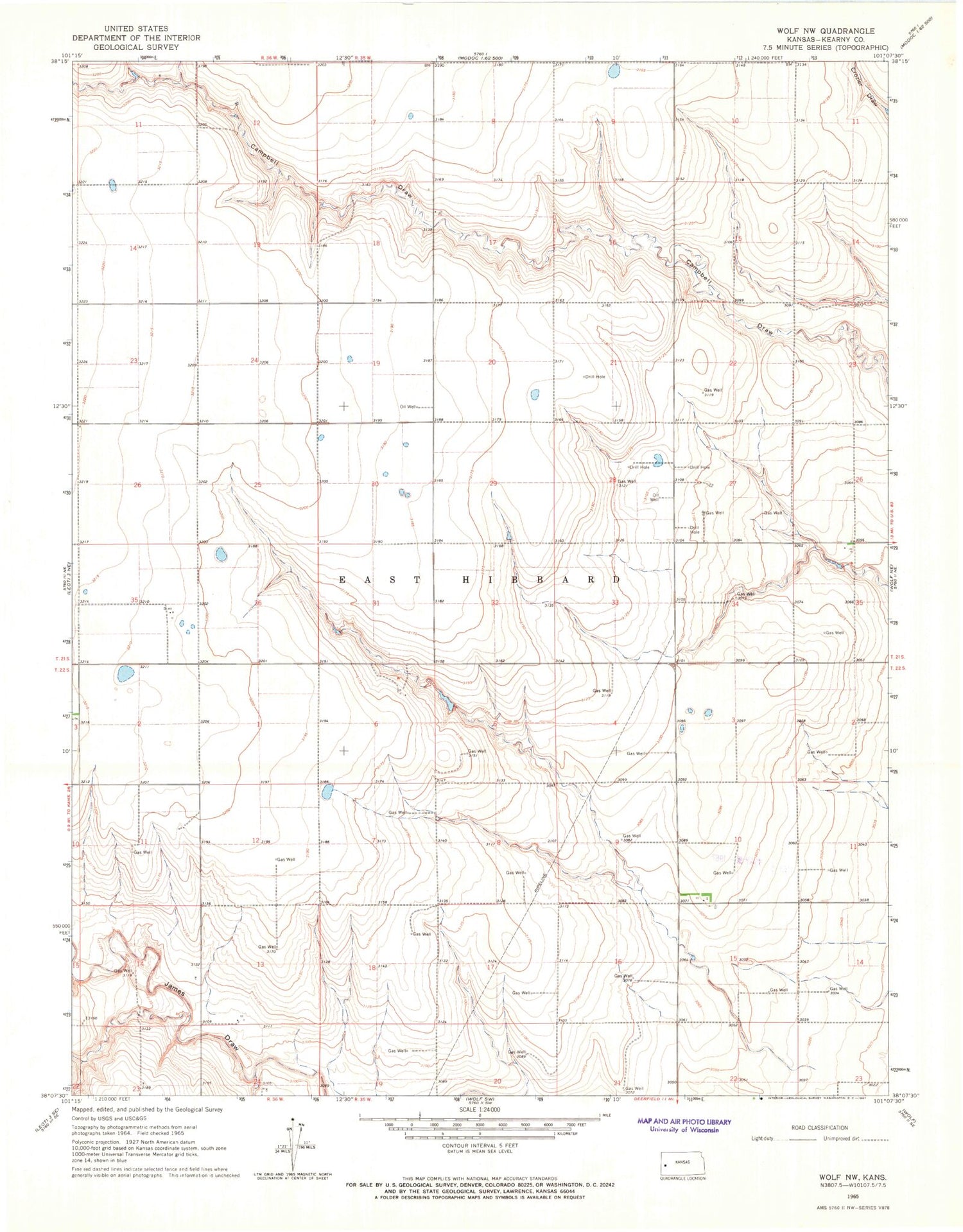 Classic USGS Wolf NW Kansas 7.5'x7.5' Topo Map Image