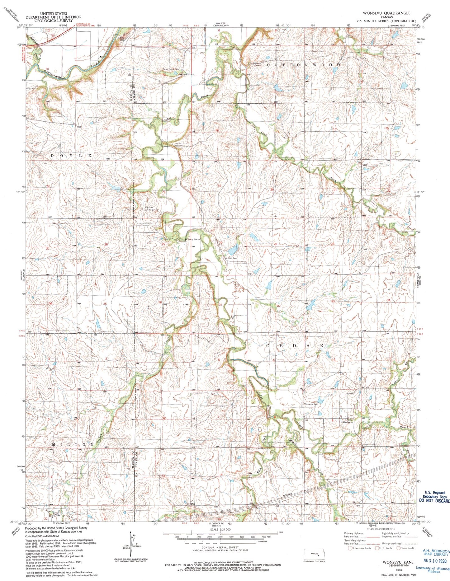 Classic USGS Wonsevu Kansas 7.5'x7.5' Topo Map Image