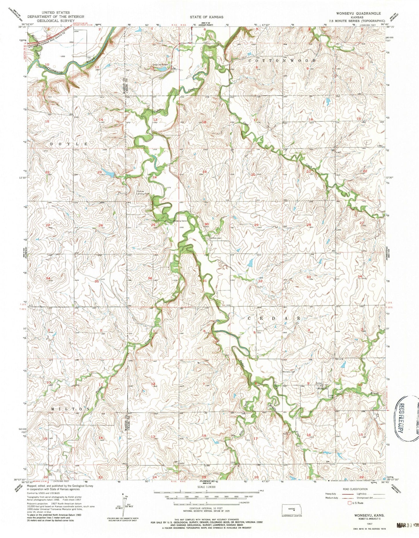 Classic USGS Wonsevu Kansas 7.5'x7.5' Topo Map Image