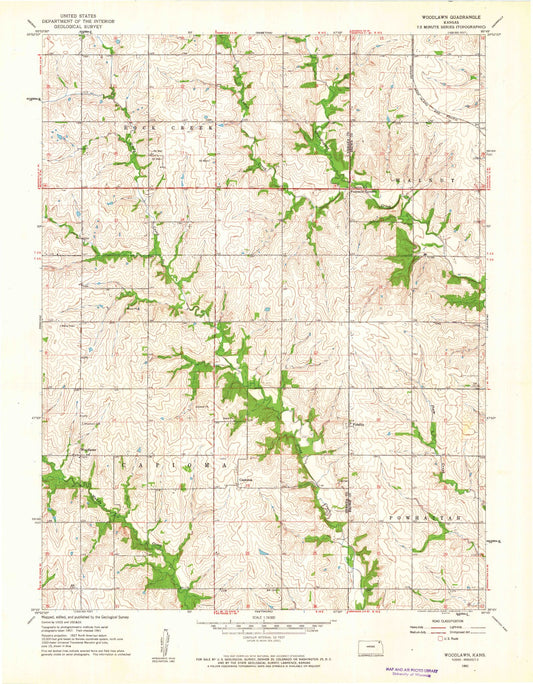 Classic USGS Woodlawn Kansas 7.5'x7.5' Topo Map Image