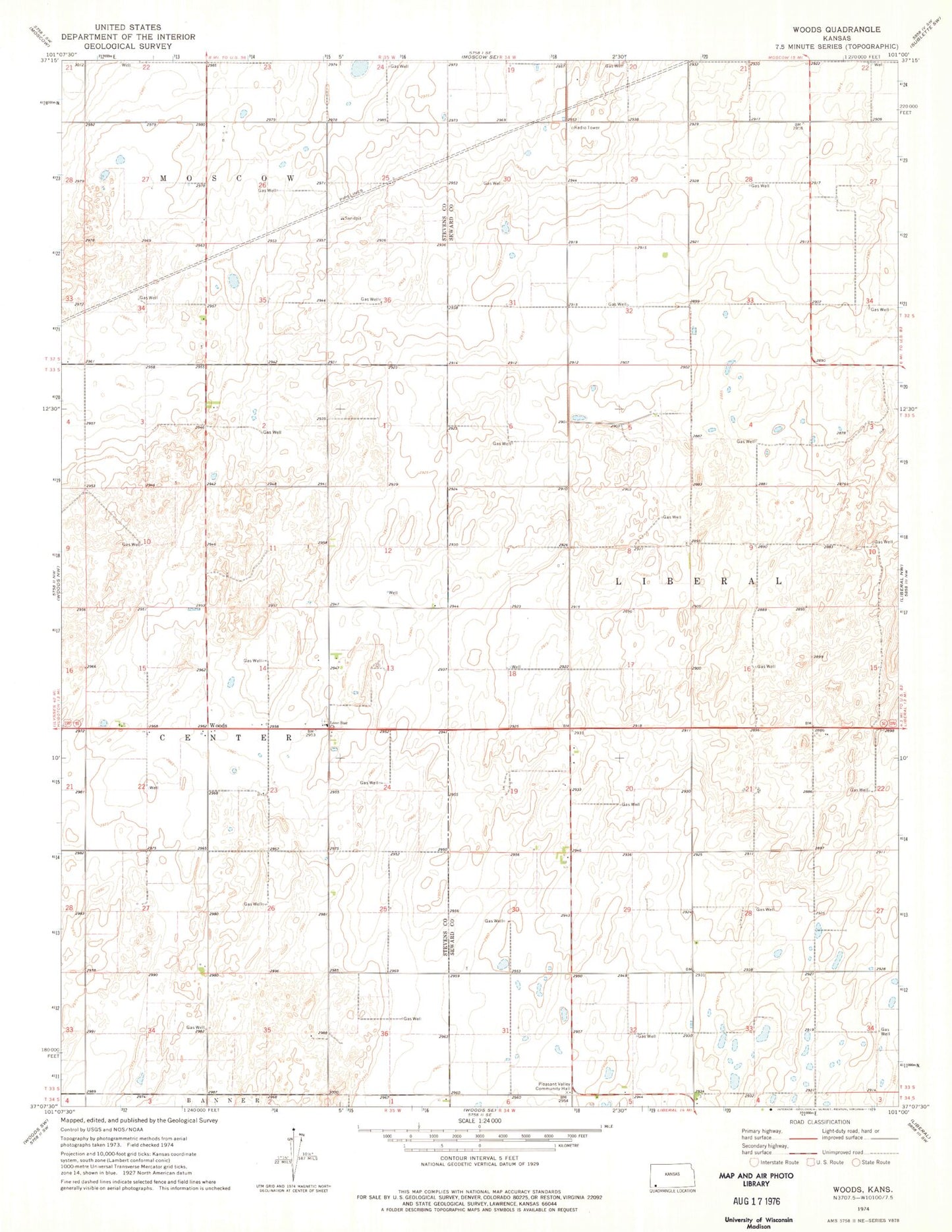 Classic USGS Woods Kansas 7.5'x7.5' Topo Map Image