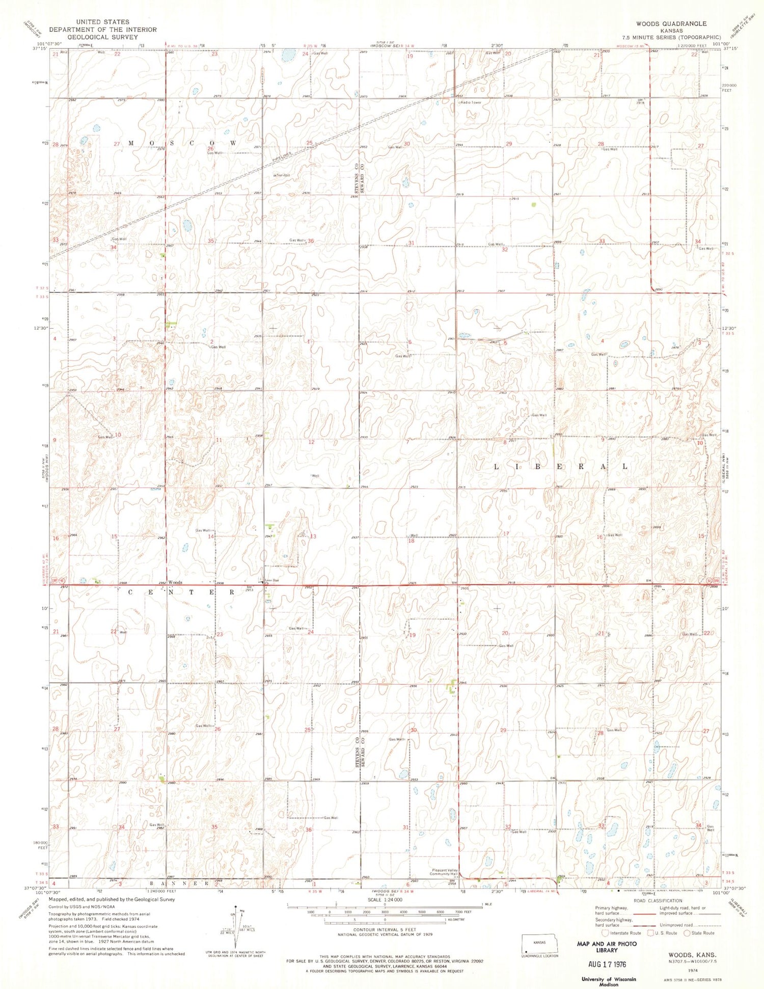 Classic USGS Woods Kansas 7.5'x7.5' Topo Map Image