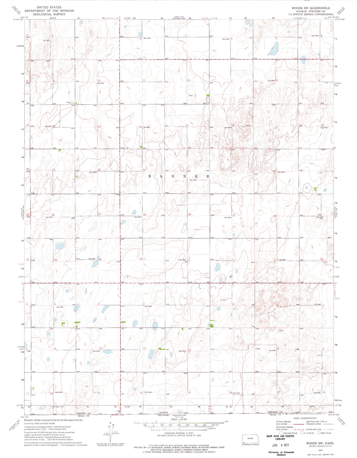 Classic USGS Woods SW Kansas 7.5'x7.5' Topo Map Image