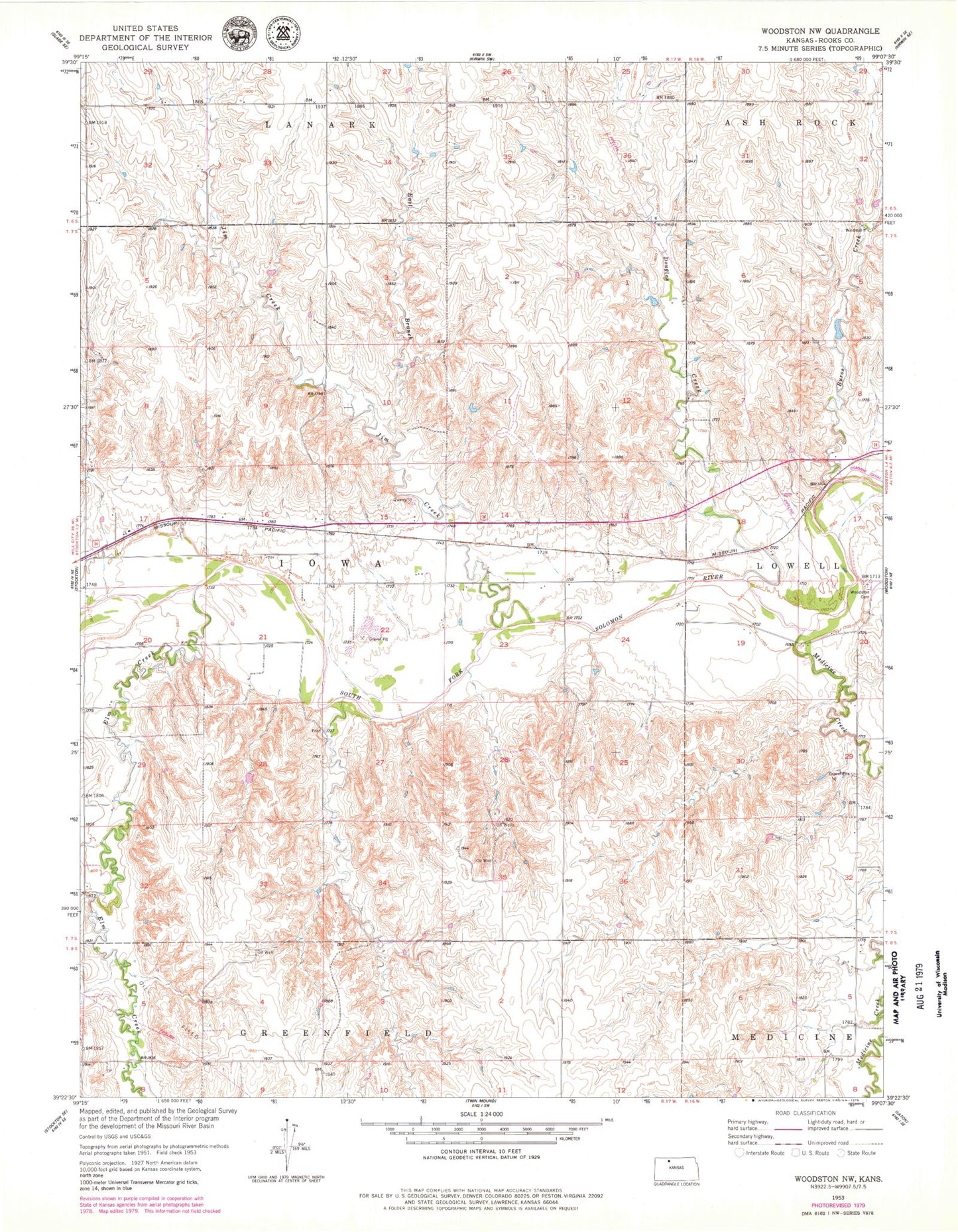 Classic USGS Woodston NW Kansas 7.5'x7.5' Topo Map Image