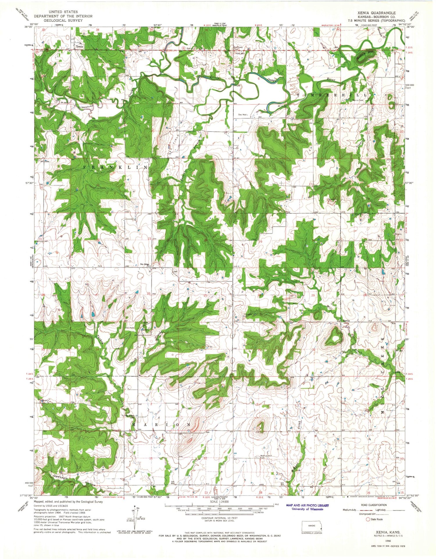 Classic USGS Xenia Kansas 7.5'x7.5' Topo Map Image