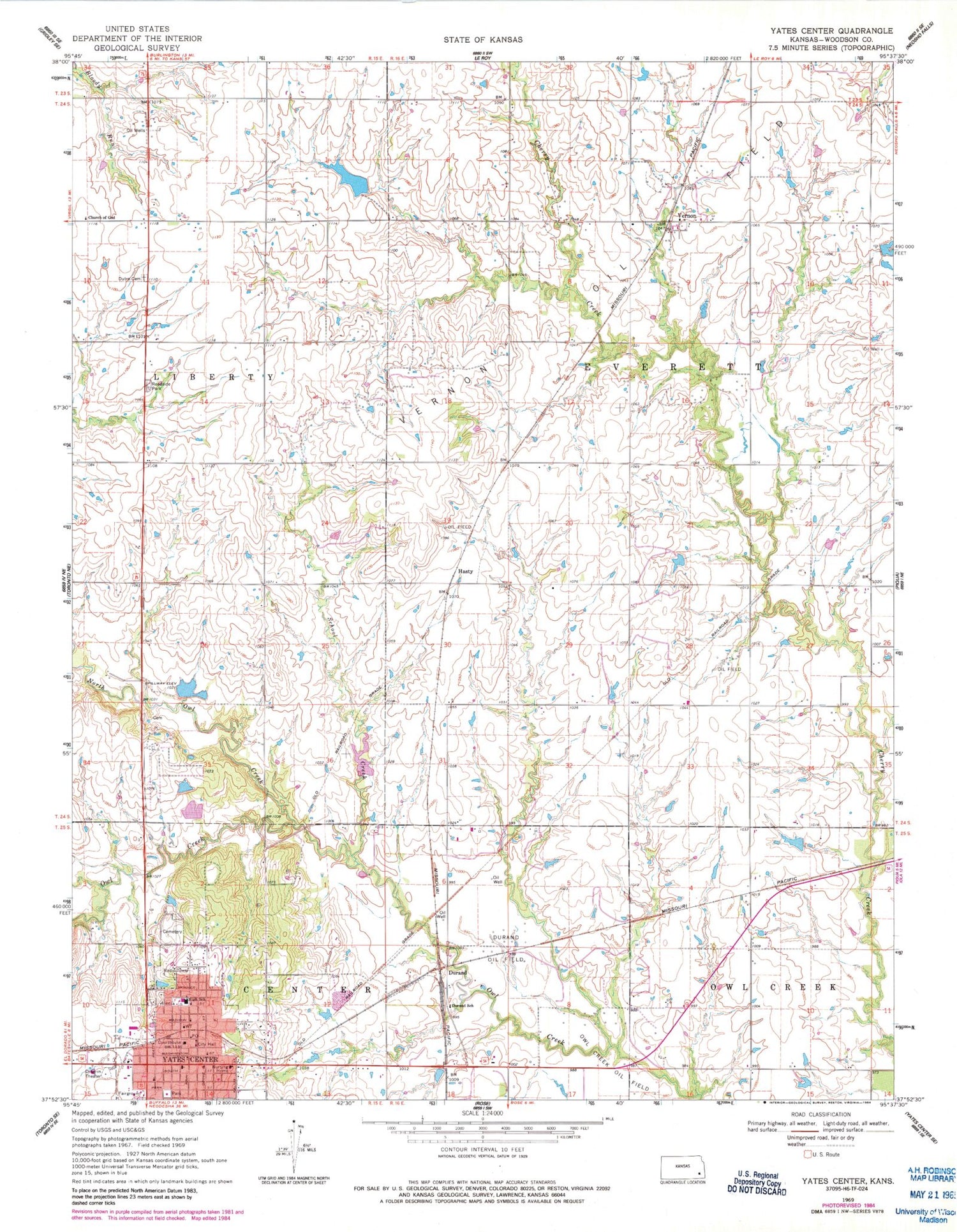 Classic USGS Yates Center Kansas 7.5'x7.5' Topo Map Image