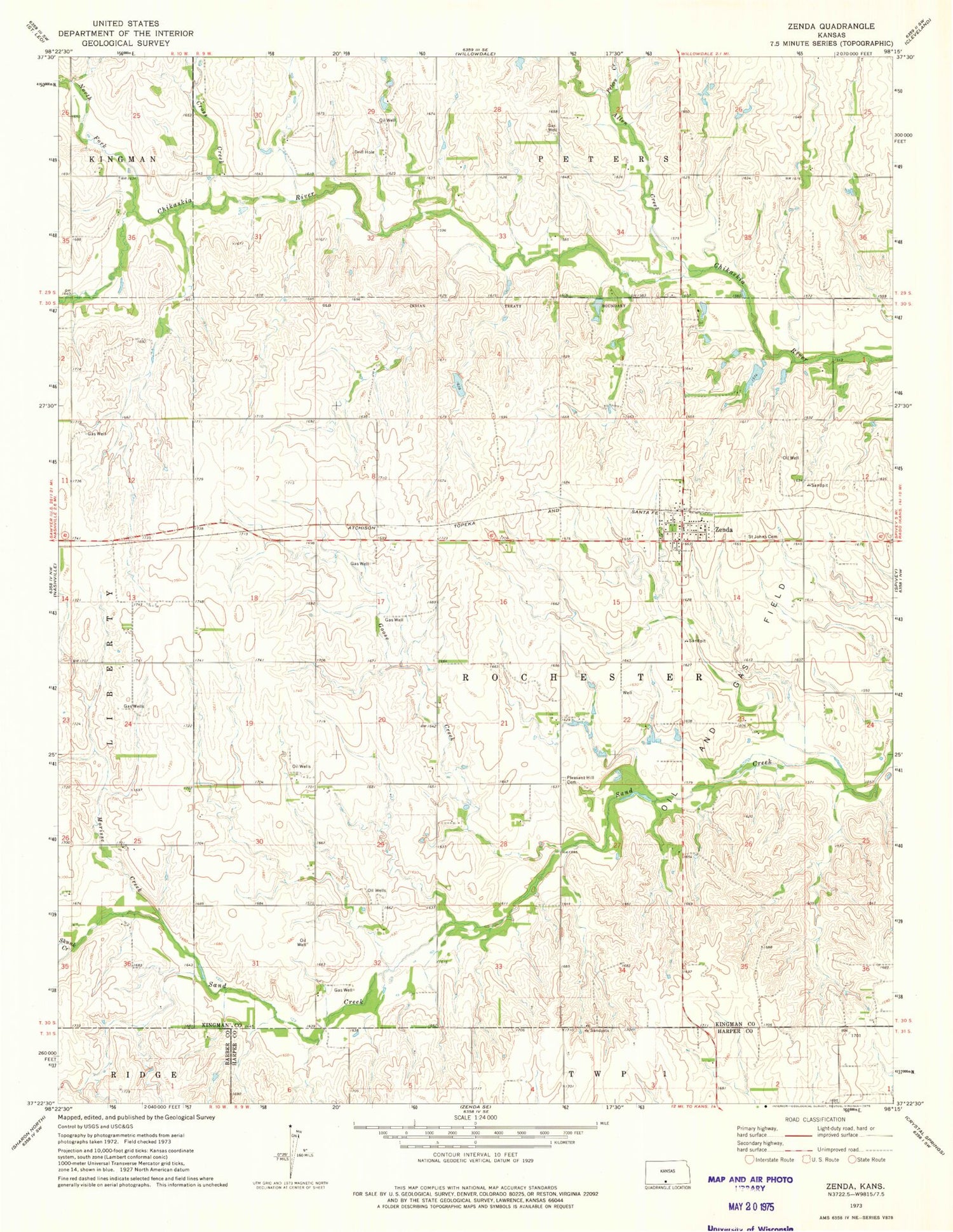 Classic USGS Zenda Kansas 7.5'x7.5' Topo Map Image
