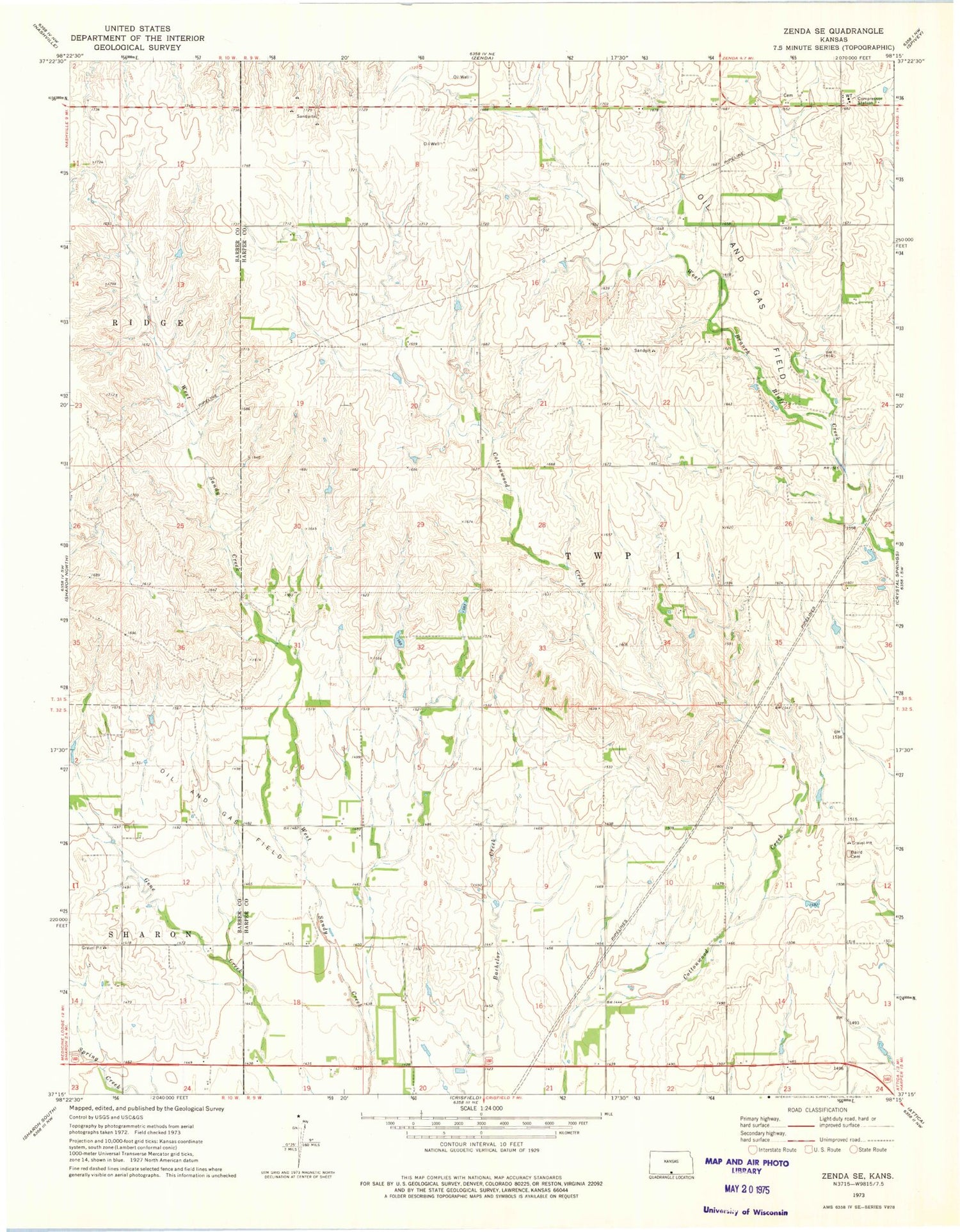 Classic USGS Zenda SE Kansas 7.5'x7.5' Topo Map Image