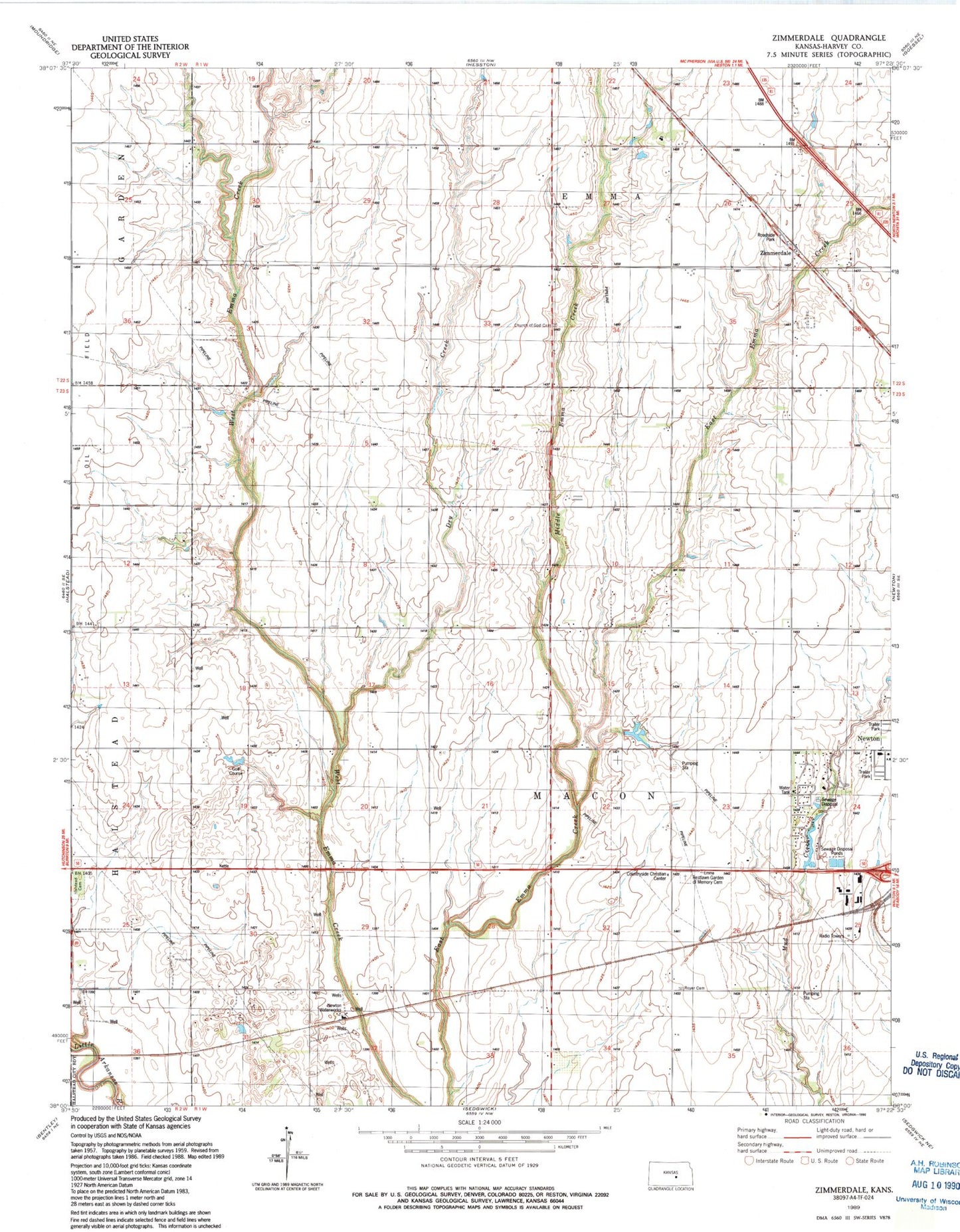 Classic USGS Zimmerdale Kansas 7.5'x7.5' Topo Map Image