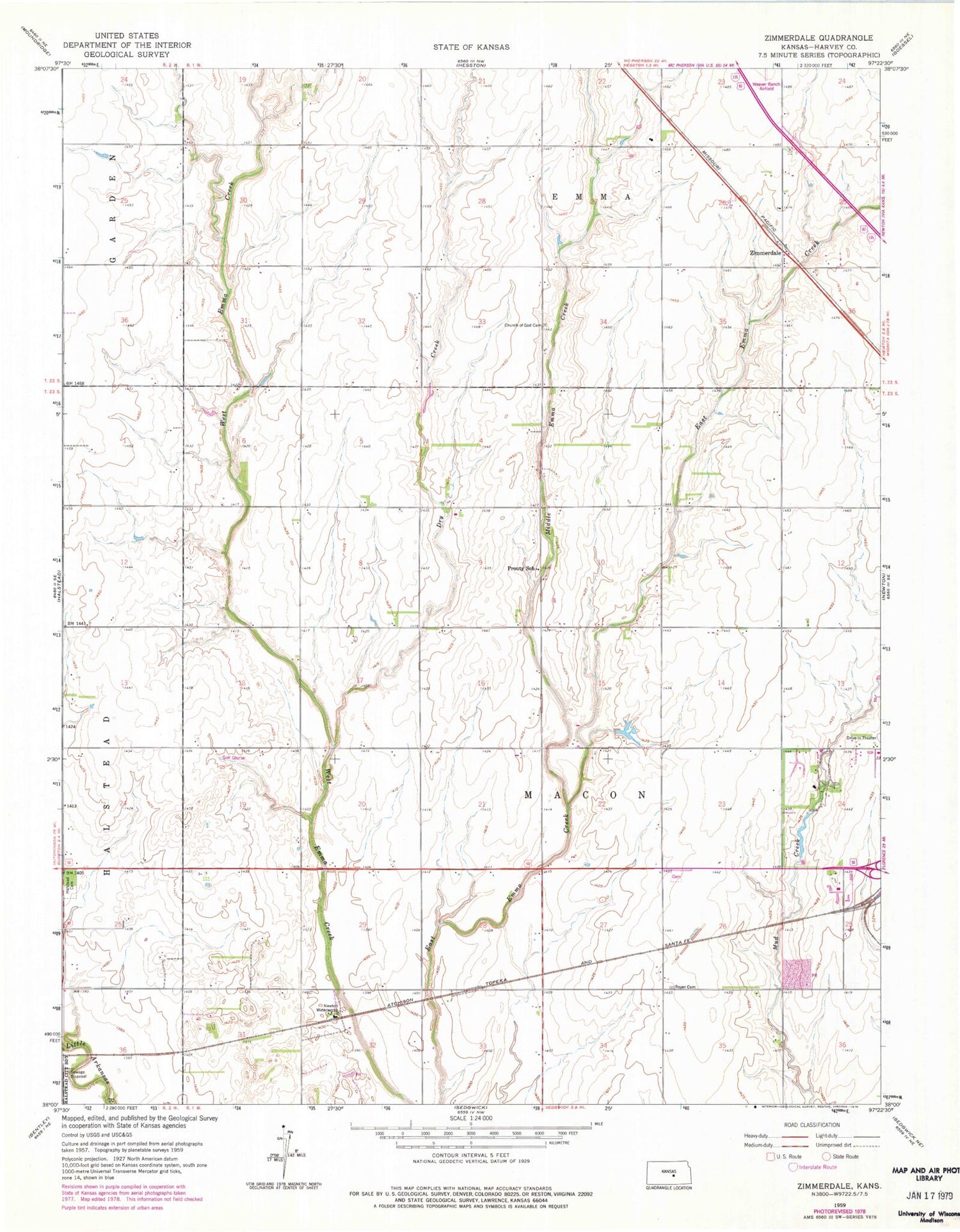 Classic USGS Zimmerdale Kansas 7.5'x7.5' Topo Map Image