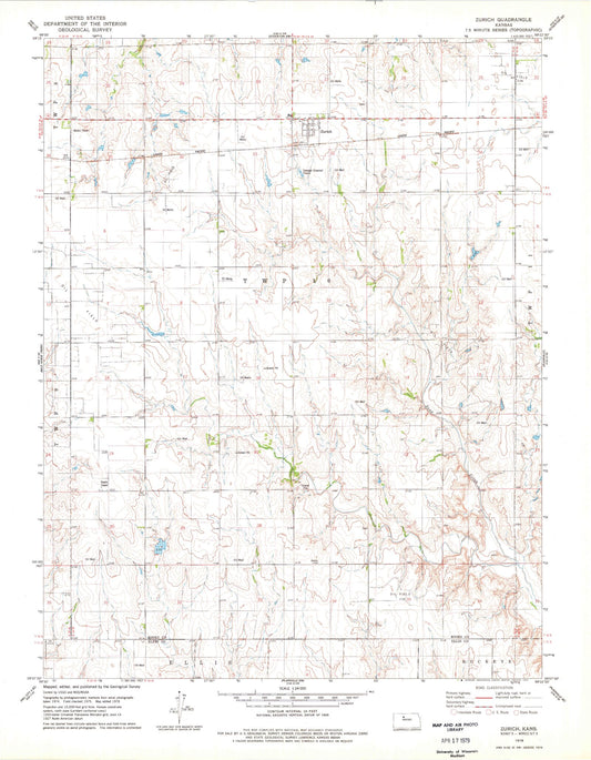 Classic USGS Zurich Kansas 7.5'x7.5' Topo Map Image