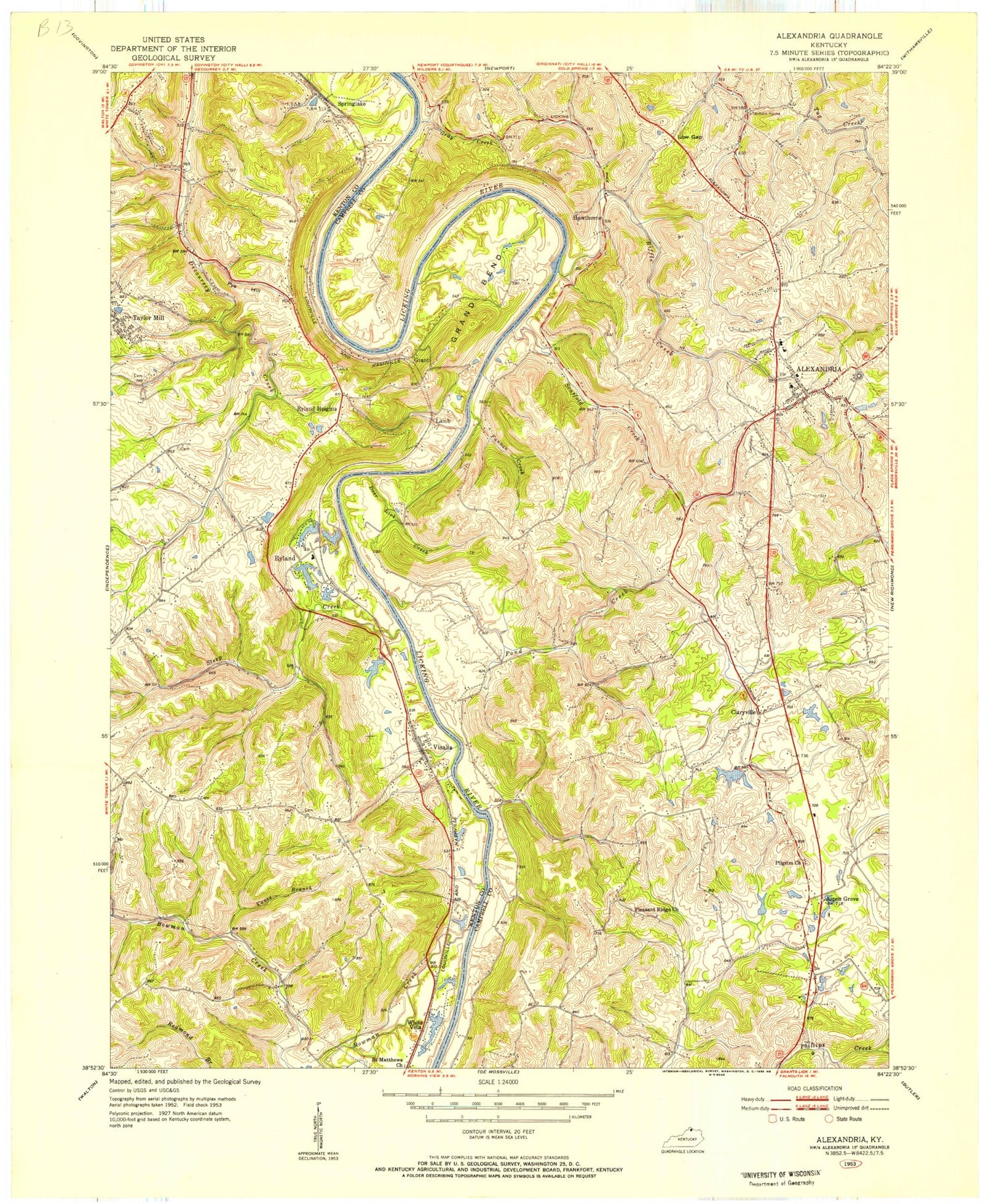 Classic USGS Alexandria Kentucky 7.5'x7.5' Topo Map Image