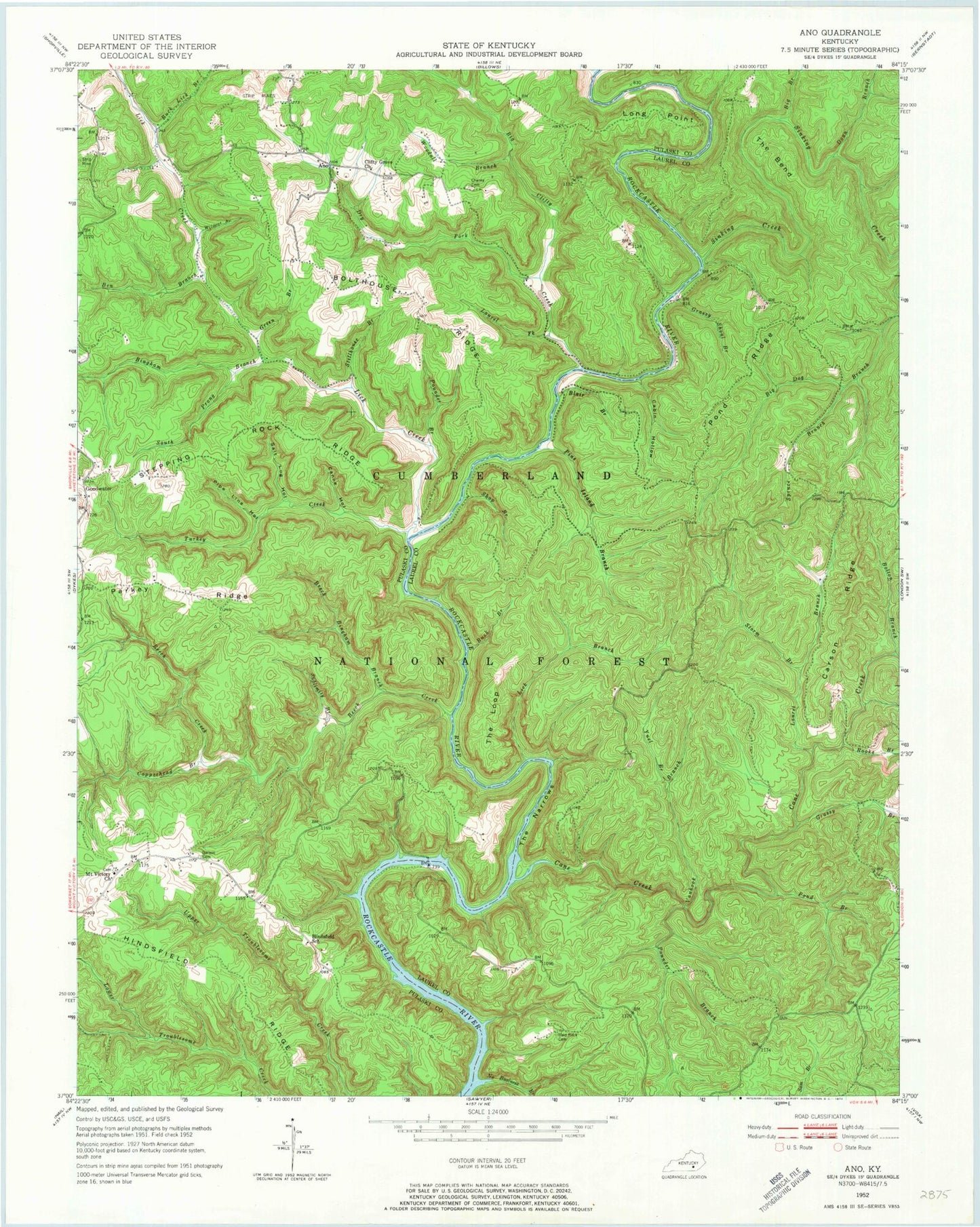 Classic USGS Ano Kentucky 7.5'x7.5' Topo Map Image