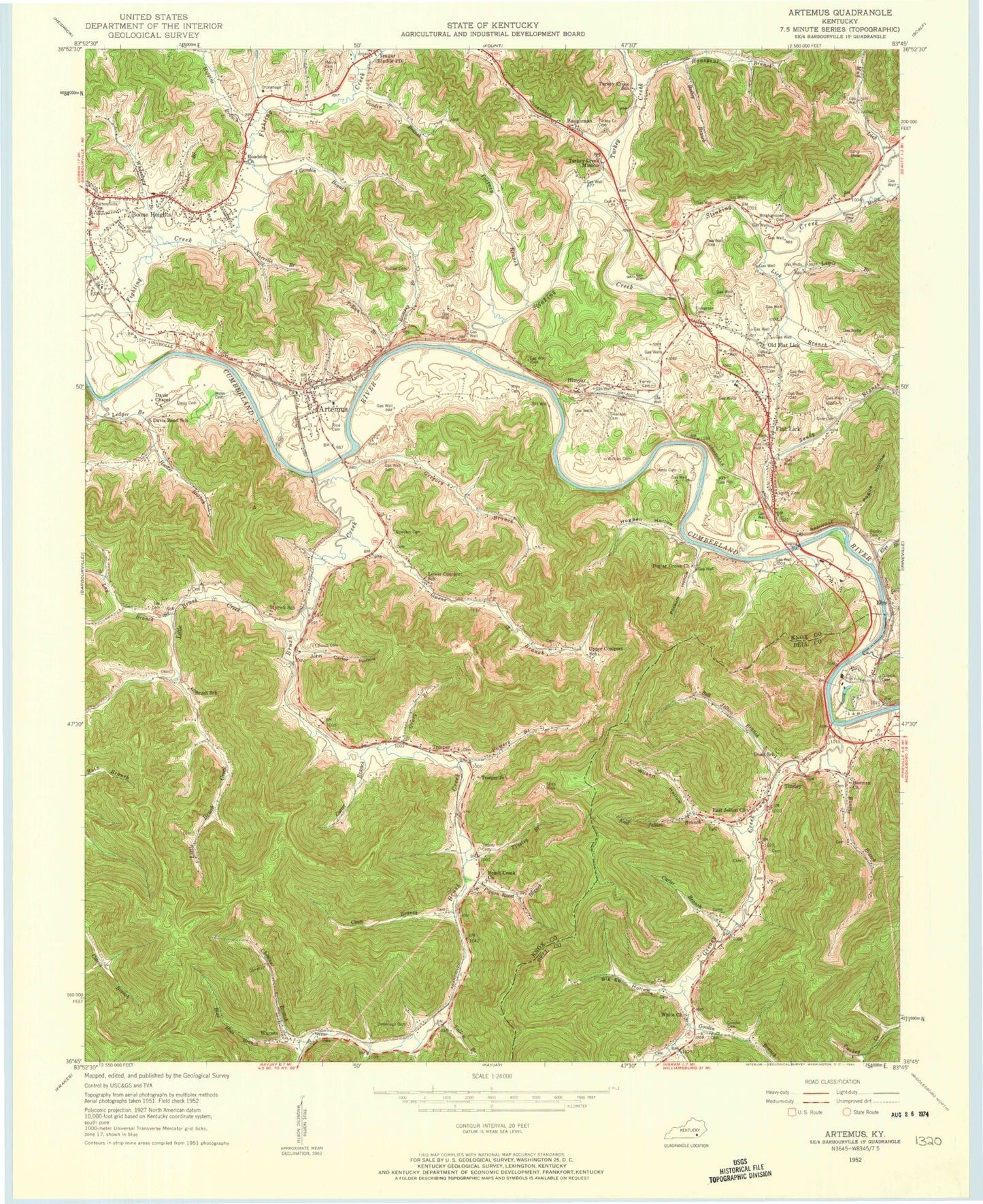 Classic USGS Artemus Kentucky 7.5'x7.5' Topo Map Image