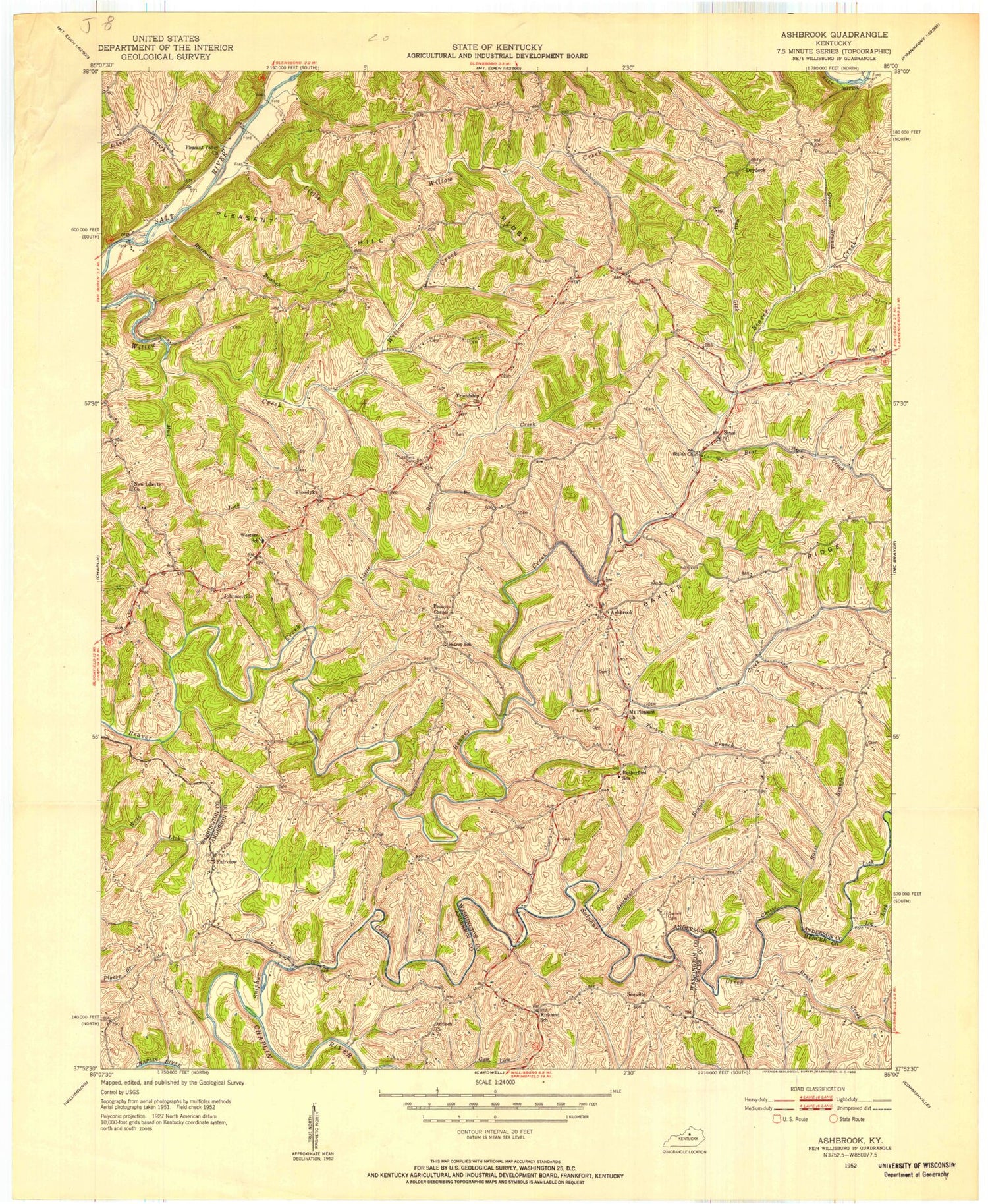 Classic USGS Ashbrook Kentucky 7.5'x7.5' Topo Map Image