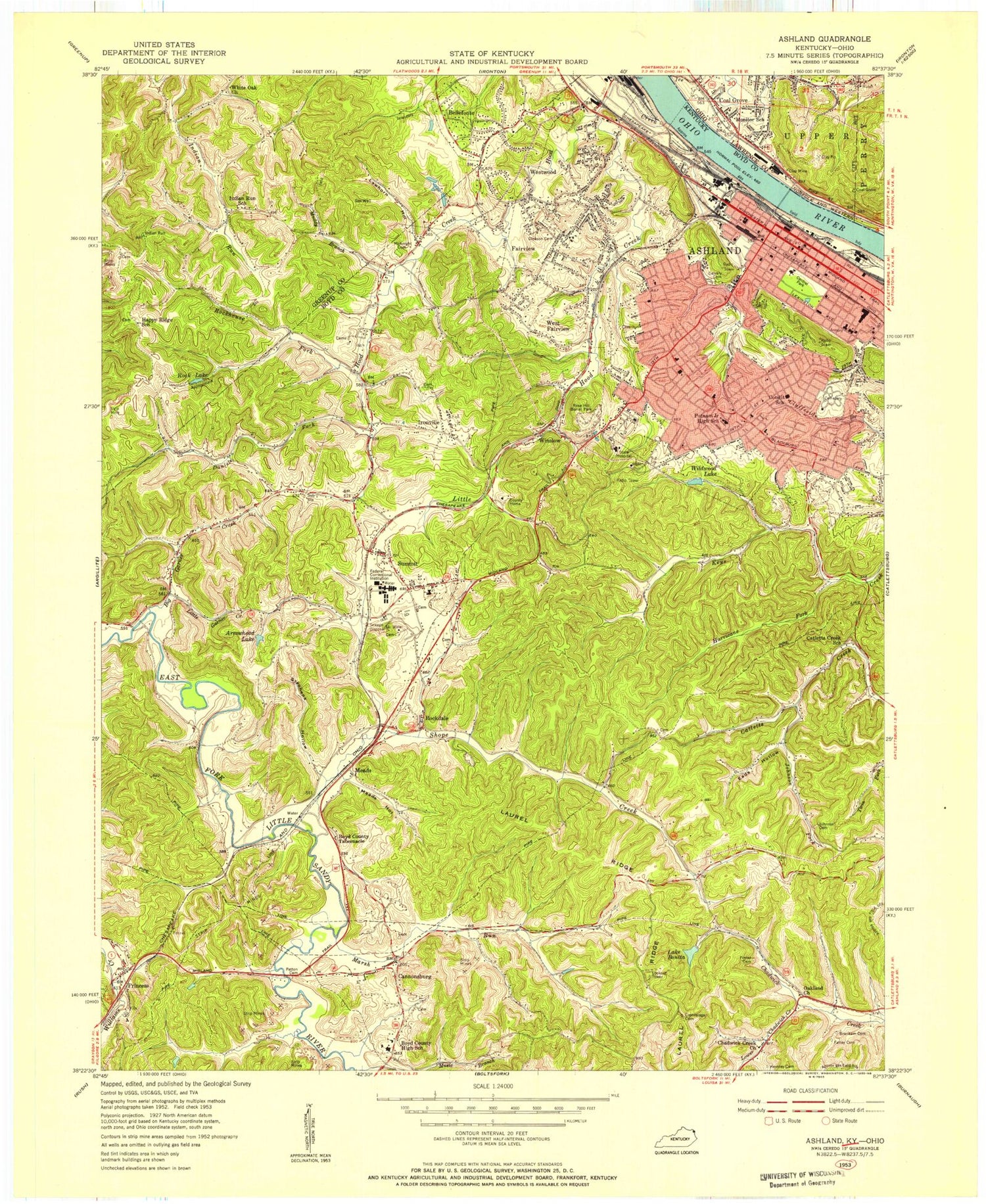 Classic USGS Ashland Kentucky 7.5'x7.5' Topo Map Image