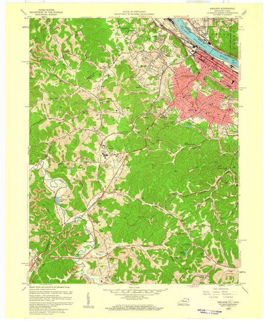 Classic USGS Ashland Kentucky 7.5'x7.5' Topo Map Image