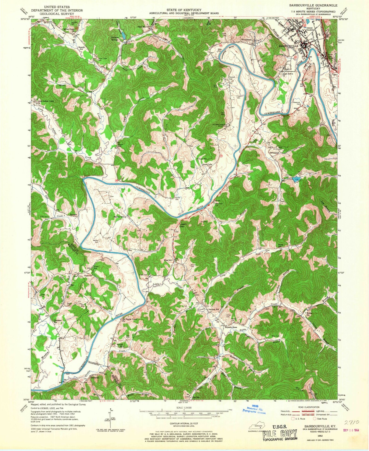 Classic USGS Barbourville Kentucky 7.5'x7.5' Topo Map Image