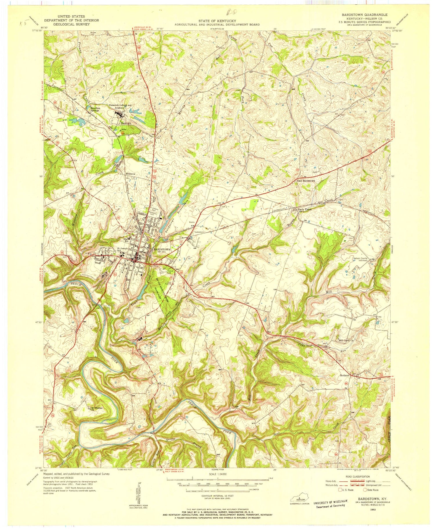 Classic USGS Bardstown Kentucky 7.5'x7.5' Topo Map Image