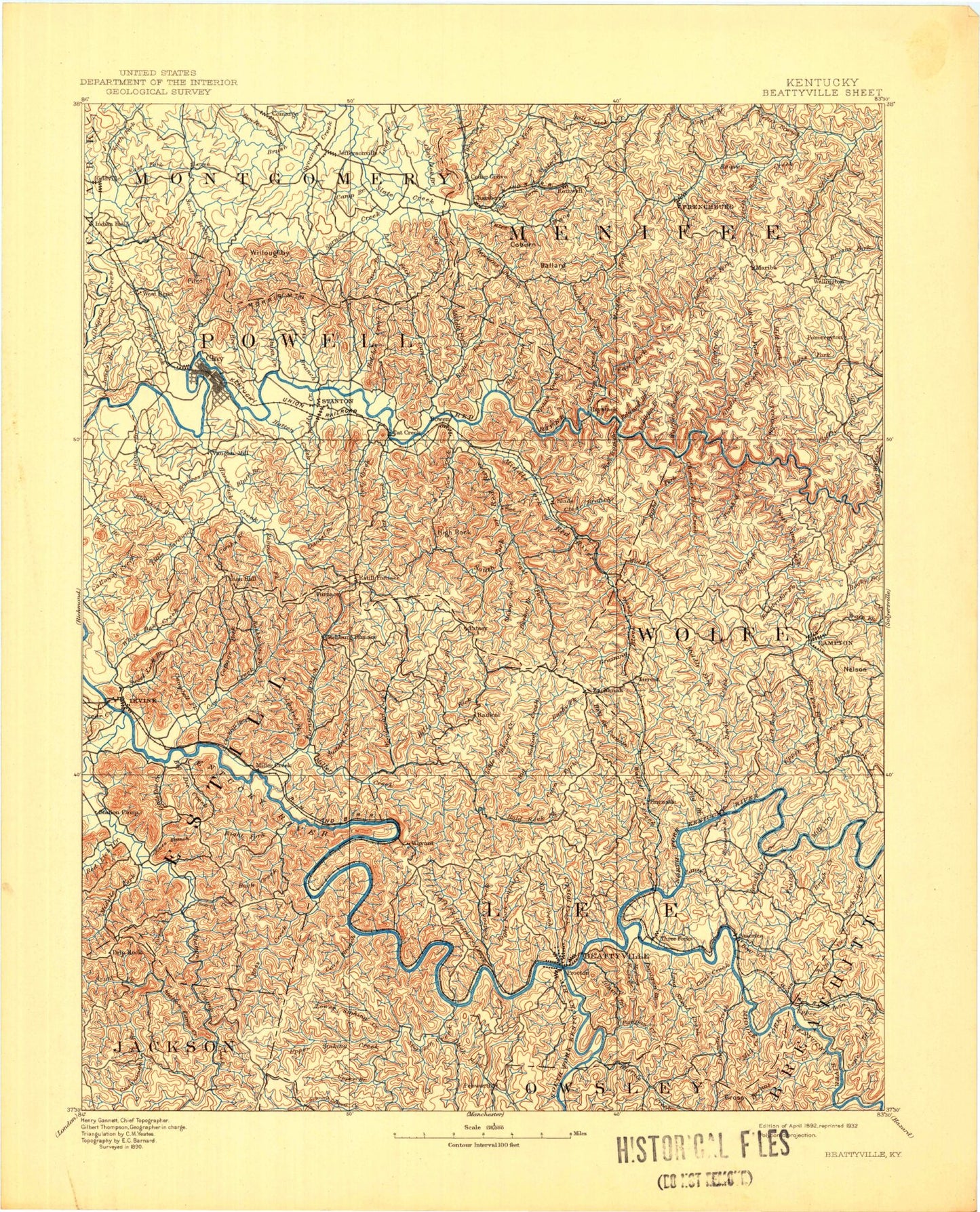 Historic 1892 Beattyville Kentucky 30'x30' Topo Map Image