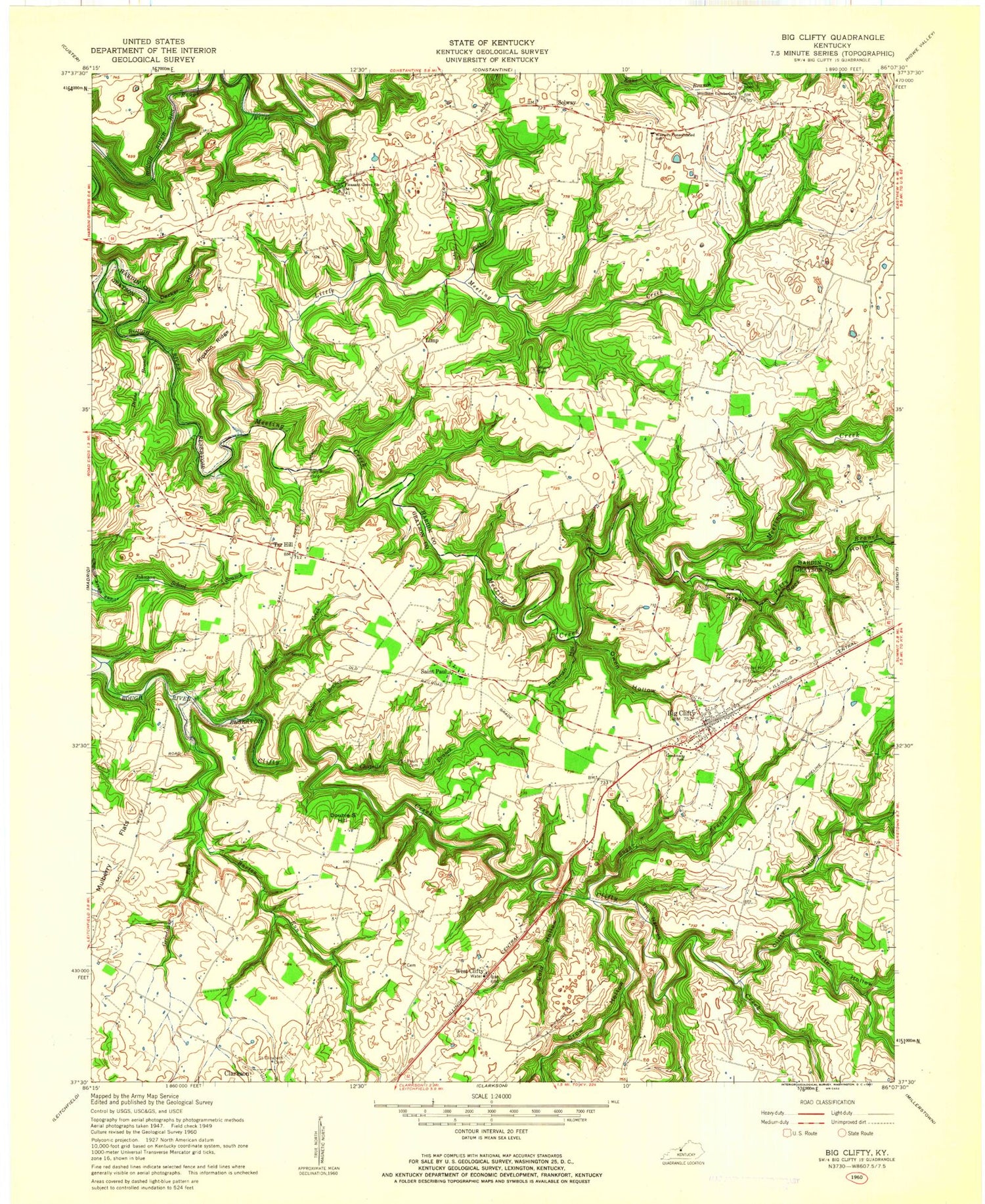 Classic USGS Big Clifty Kentucky 7.5'x7.5' Topo Map Image