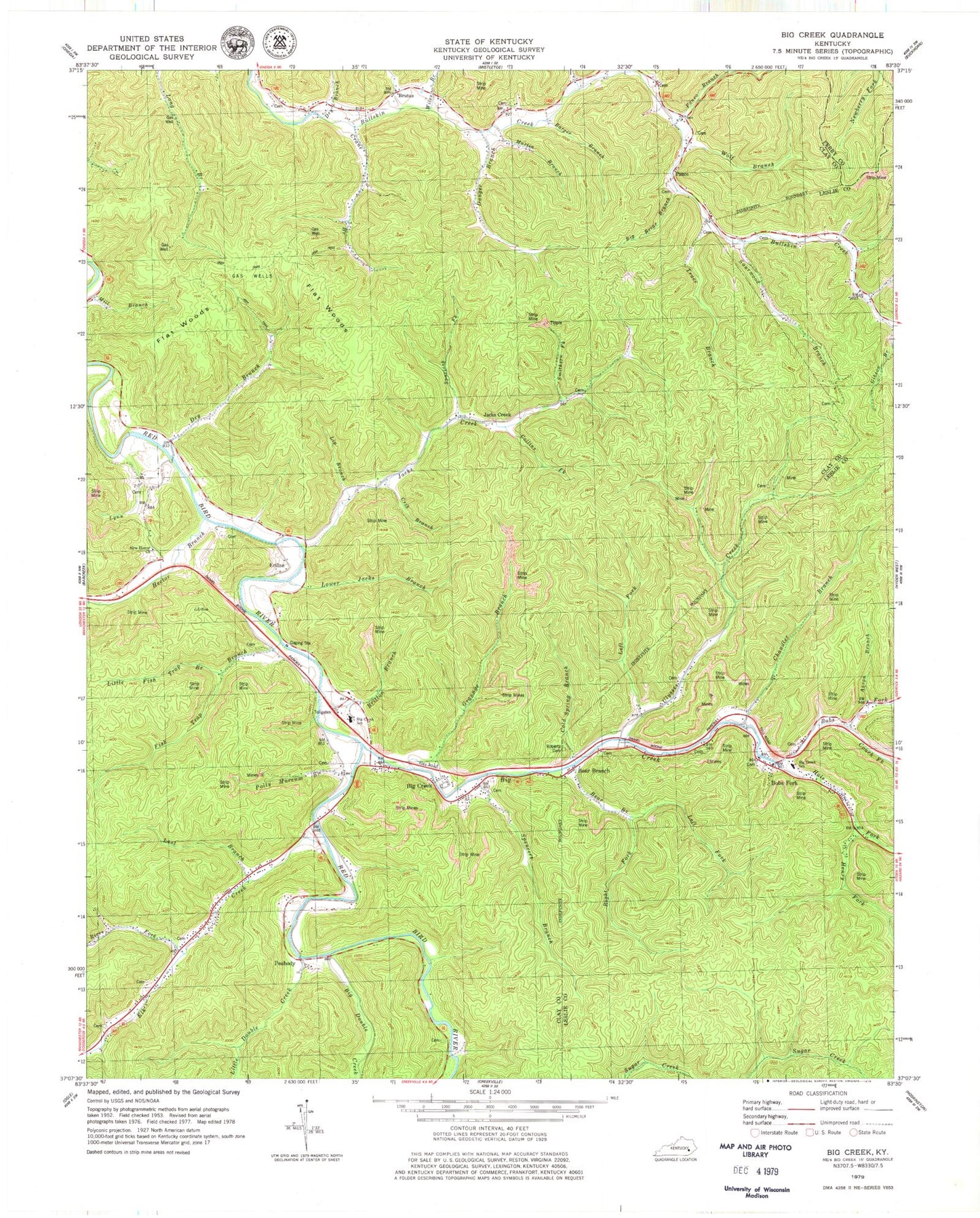 Classic USGS Big Creek Kentucky 7.5'x7.5' Topo Map Image