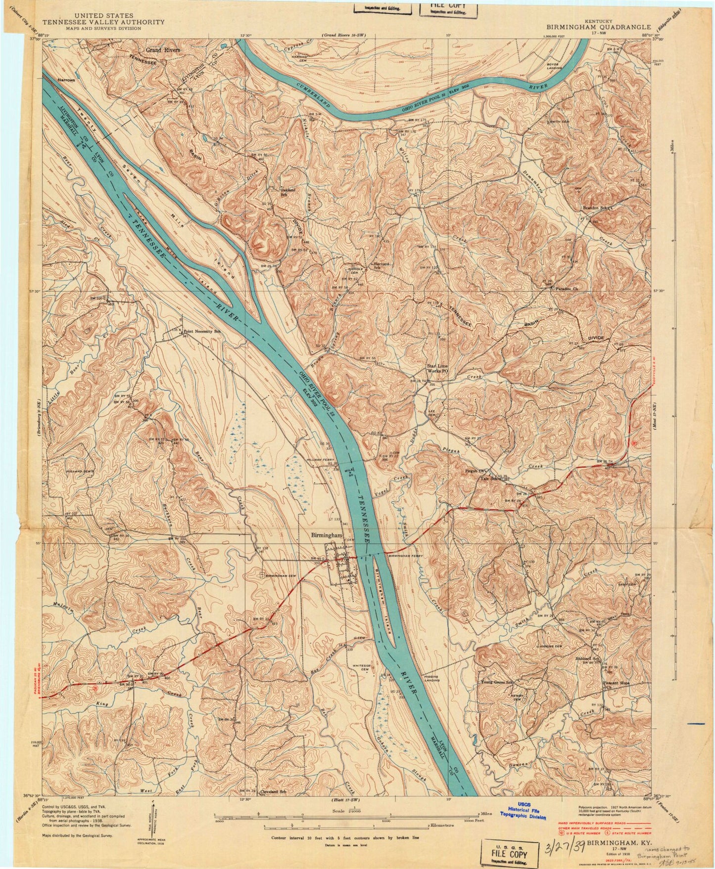 Classic USGS Birmingham Point Kentucky 7.5'x7.5' Topo Map Image