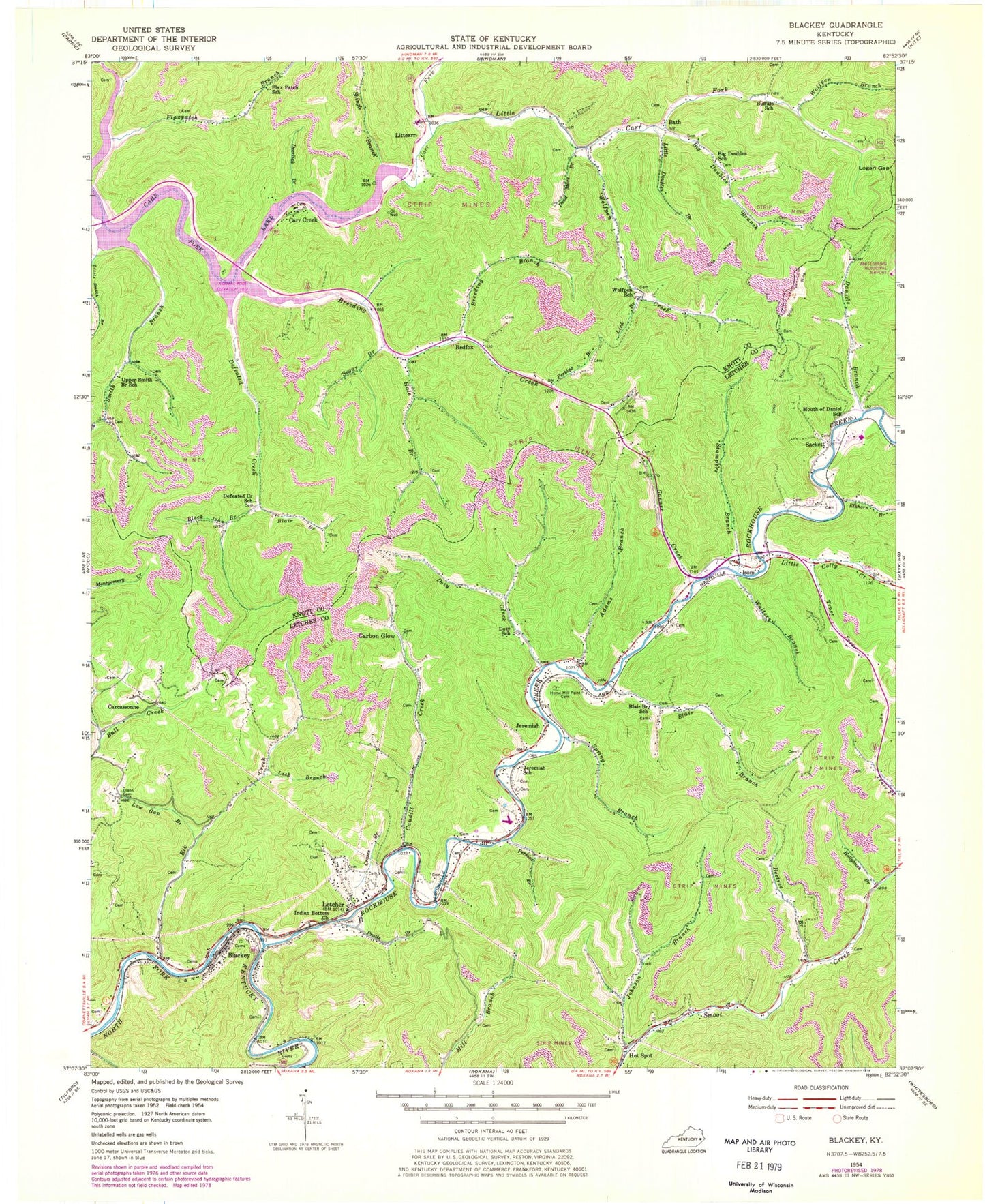 Classic USGS Blackey Kentucky 7.5'x7.5' Topo Map Image