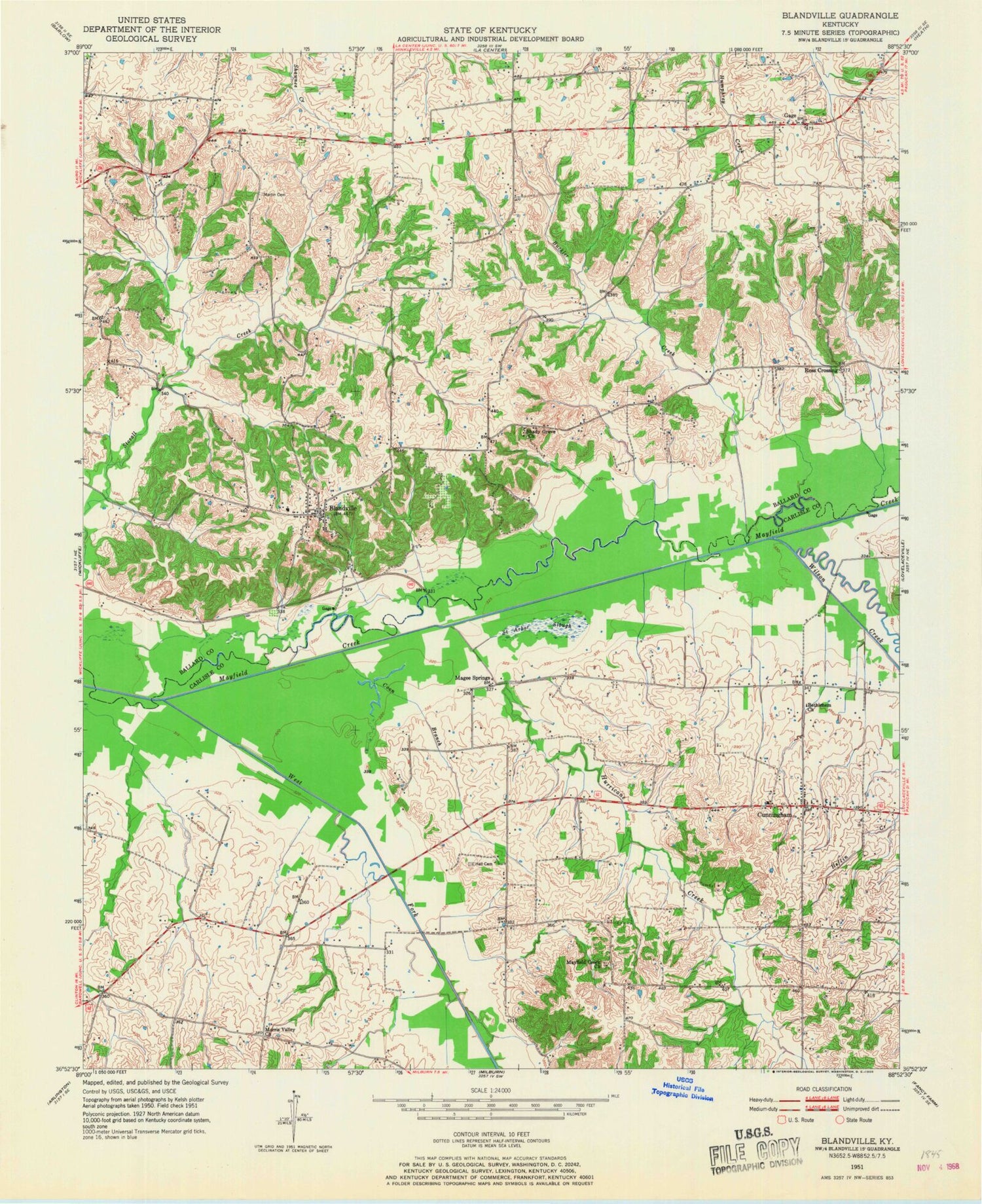 Classic USGS Blandville Kentucky 7.5'x7.5' Topo Map Image
