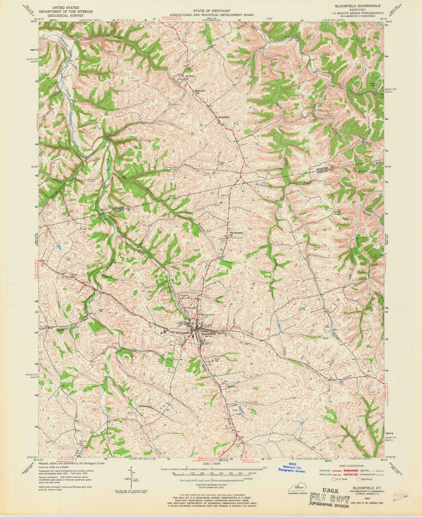 Classic USGS Bloomfield Kentucky 7.5'x7.5' Topo Map Image