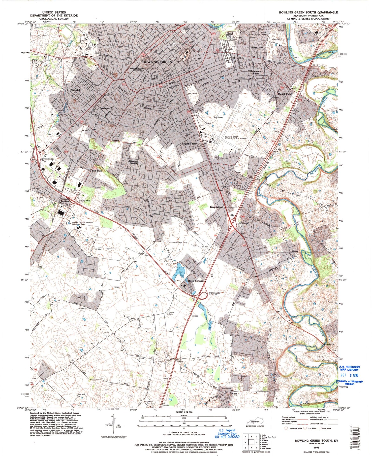 Classic USGS Bowling Green South Kentucky 7.5'x7.5' Topo Map Image