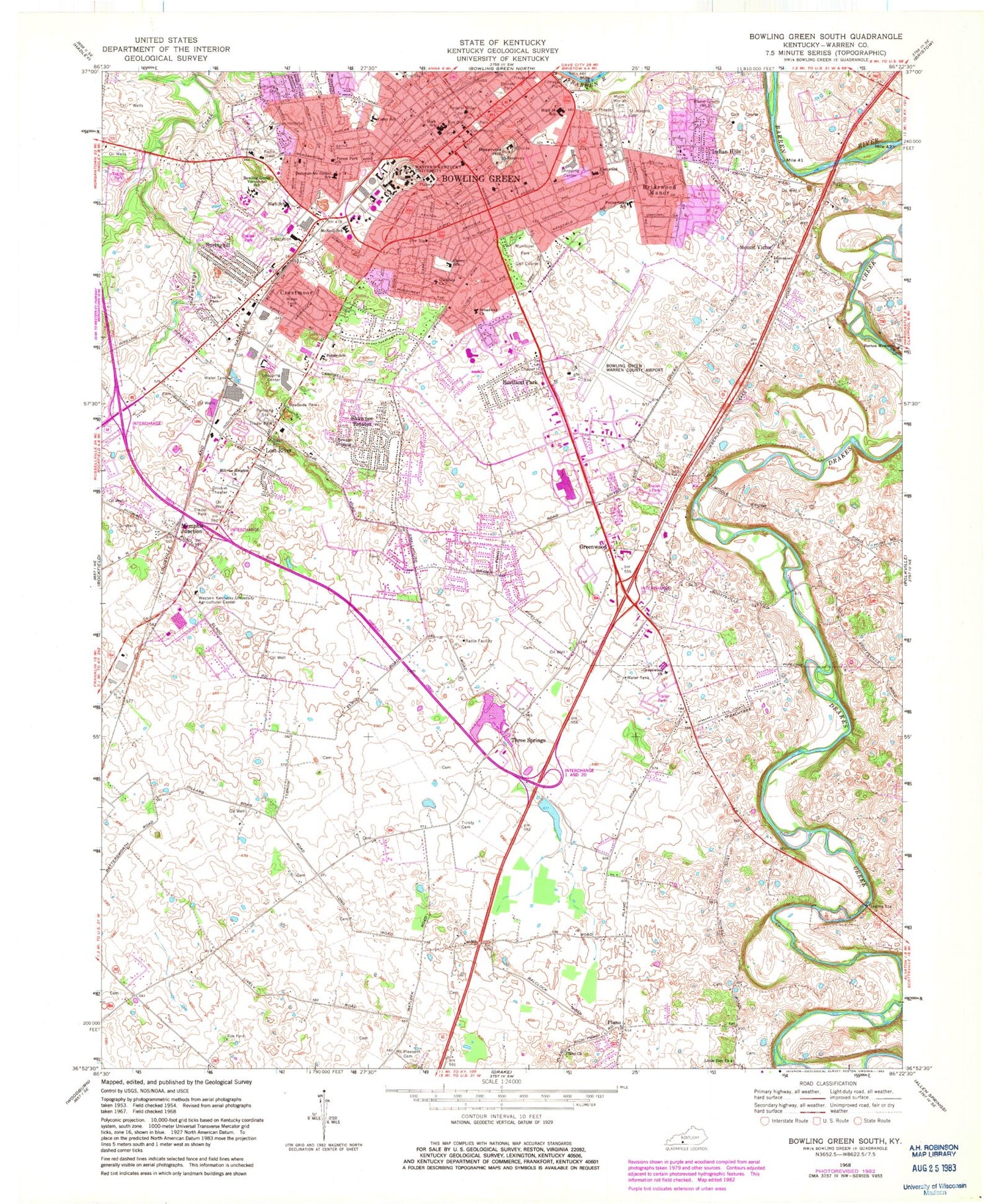 Classic USGS Bowling Green South Kentucky 7.5'x7.5' Topo Map Image