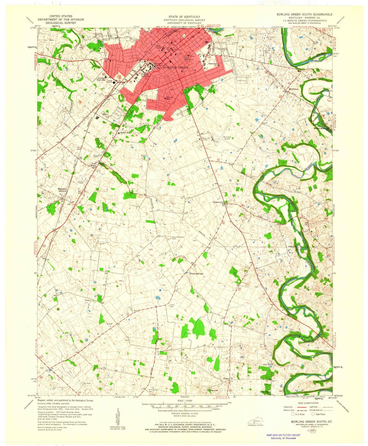 Classic USGS Bowling Green South Kentucky 7.5'x7.5' Topo Map Image