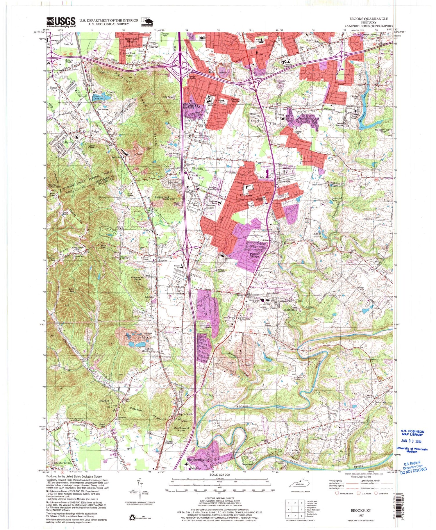 Classic USGS Brooks Kentucky 7.5'x7.5' Topo Map Image
