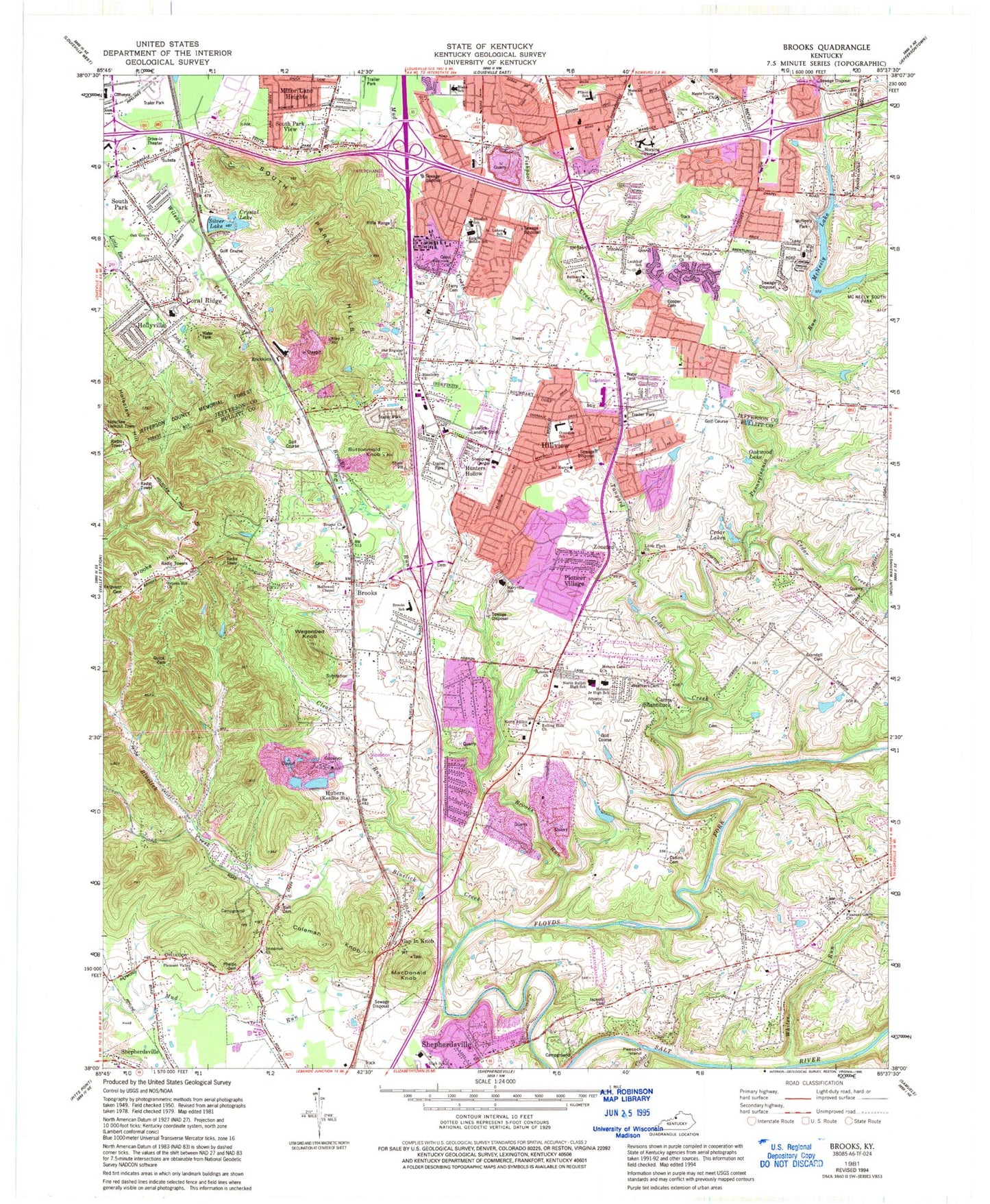 Classic USGS Brooks Kentucky 7.5'x7.5' Topo Map Image