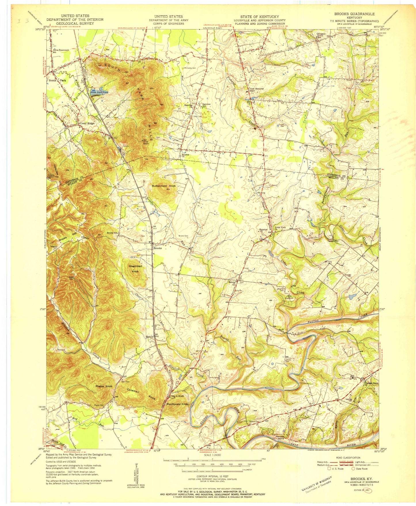 Classic USGS Brooks Kentucky 7.5'x7.5' Topo Map Image