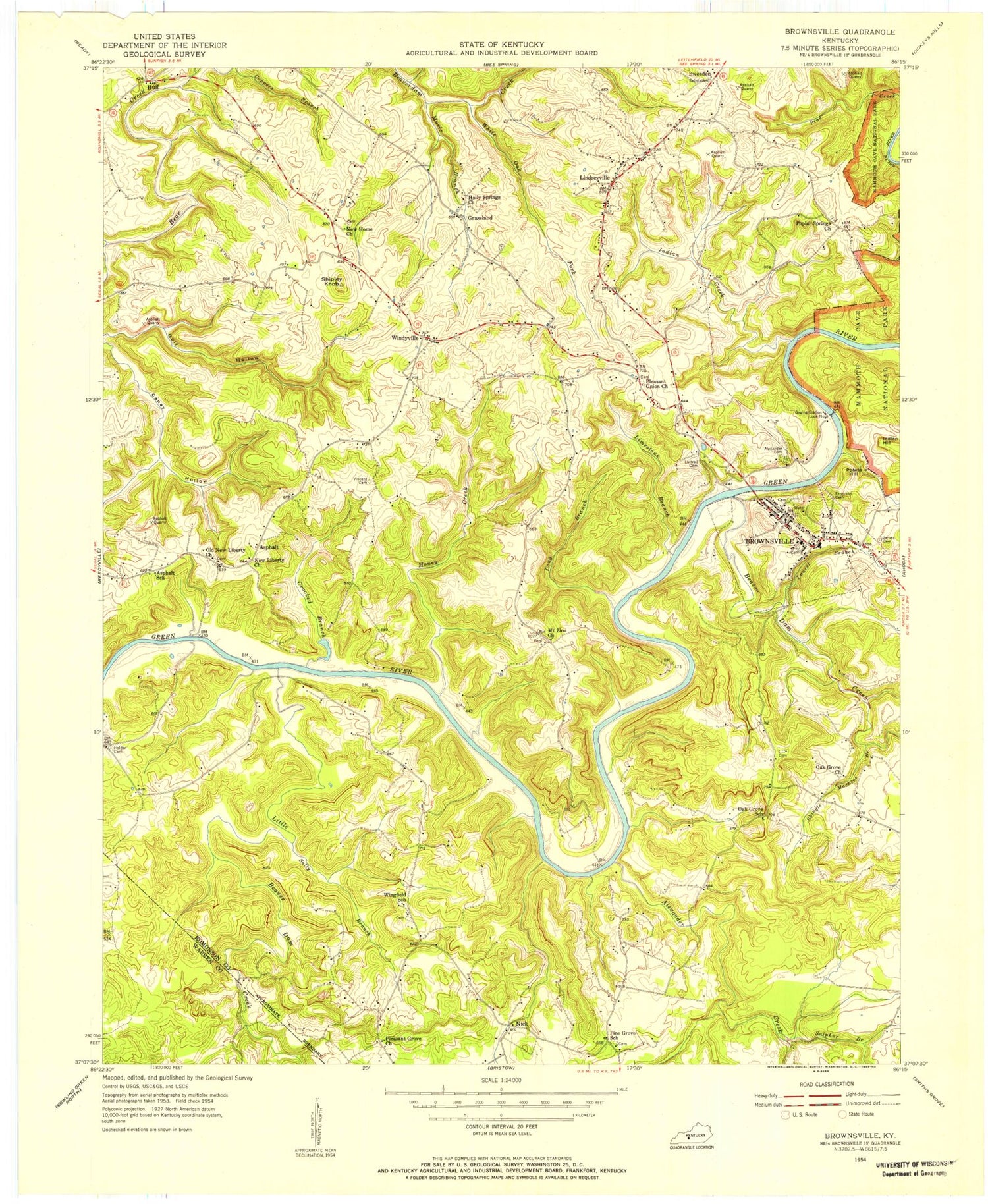 Classic USGS Brownsville Kentucky 7.5'x7.5' Topo Map Image