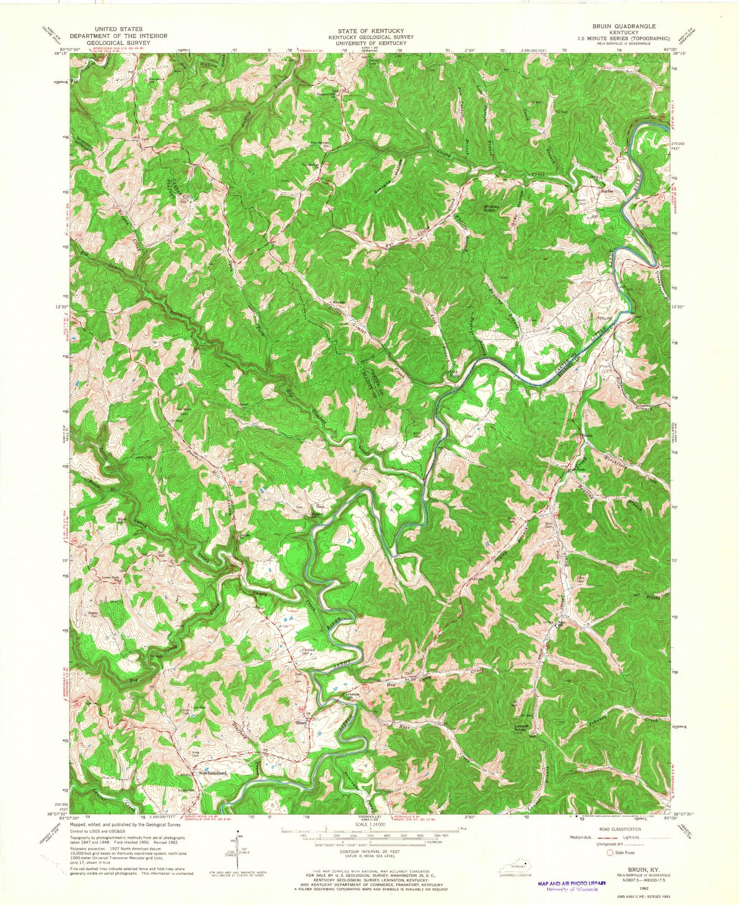 Classic USGS Bruin Kentucky 7.5'x7.5' Topo Map Image