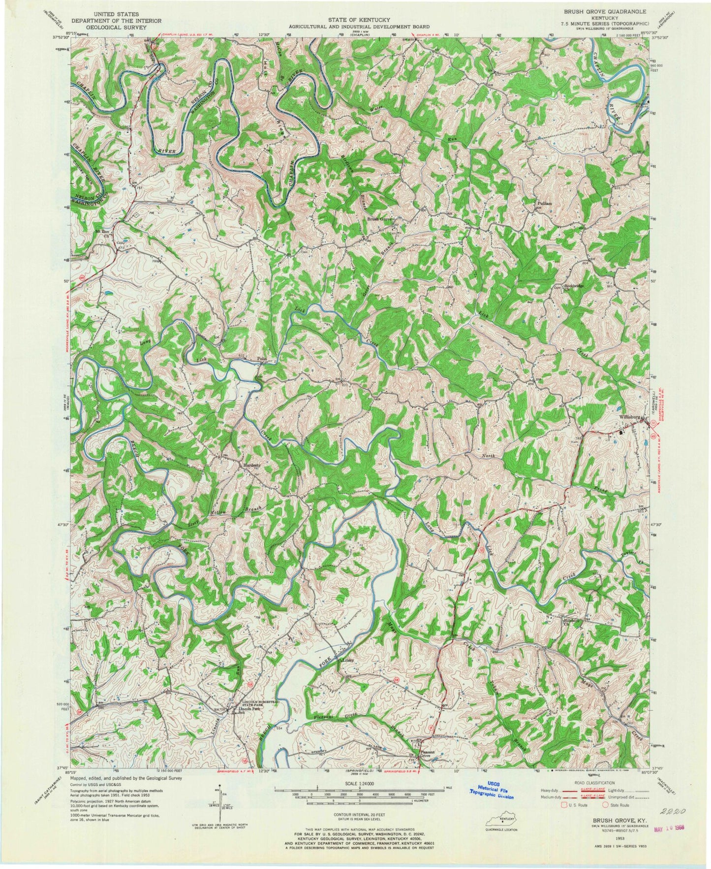 Classic USGS Brush Grove Kentucky 7.5'x7.5' Topo Map Image