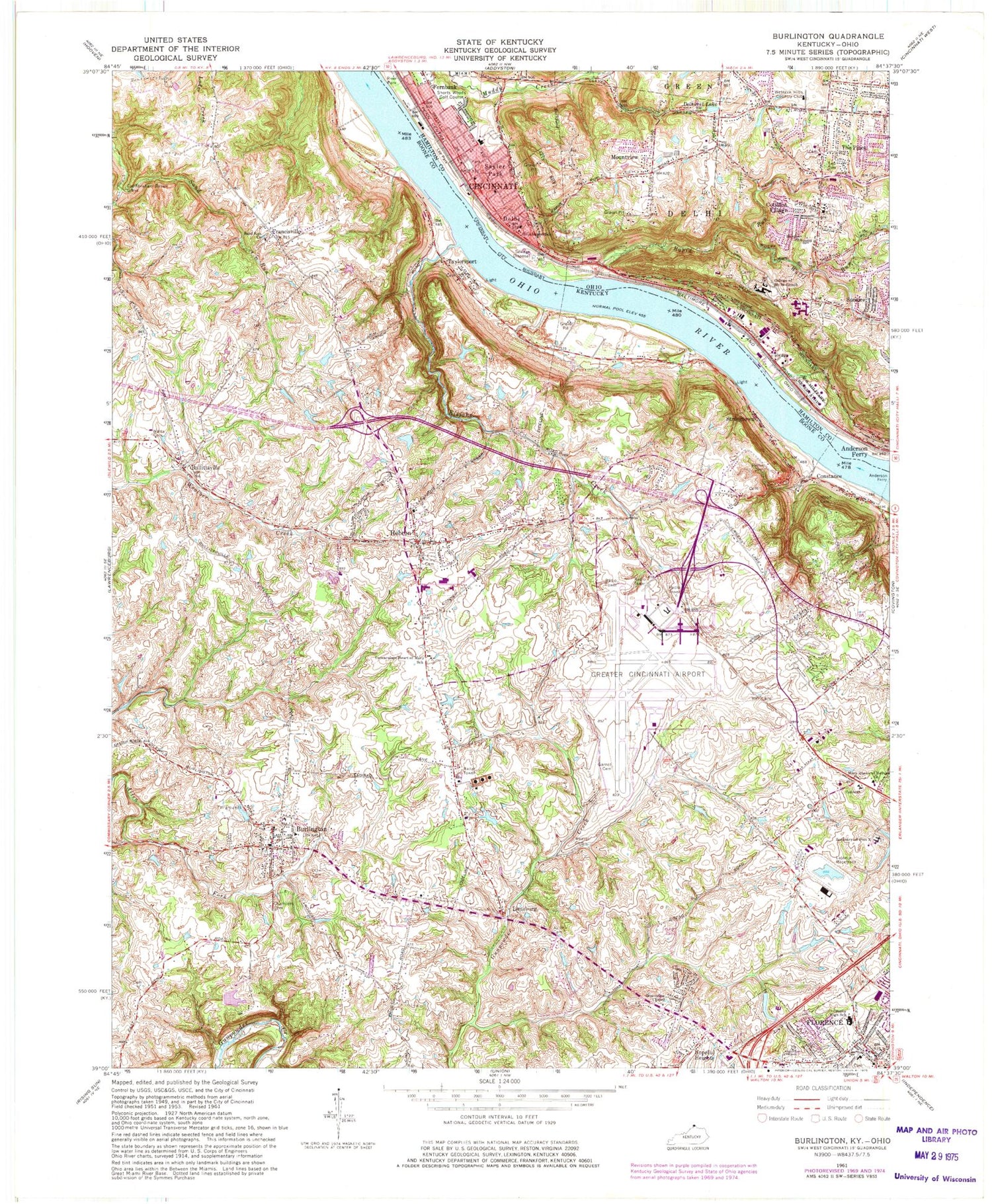 Classic USGS Burlington Kentucky 7.5'x7.5' Topo Map Image