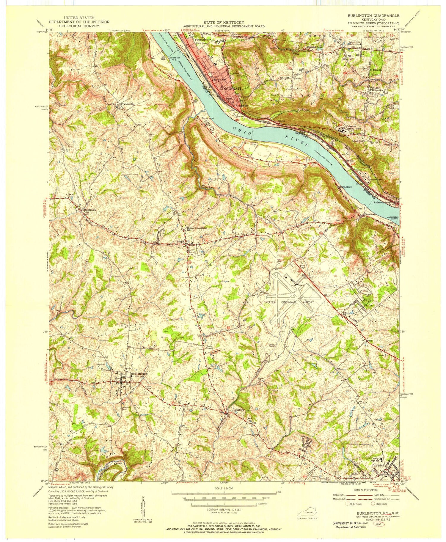 Classic USGS Burlington Kentucky 7.5'x7.5' Topo Map Image