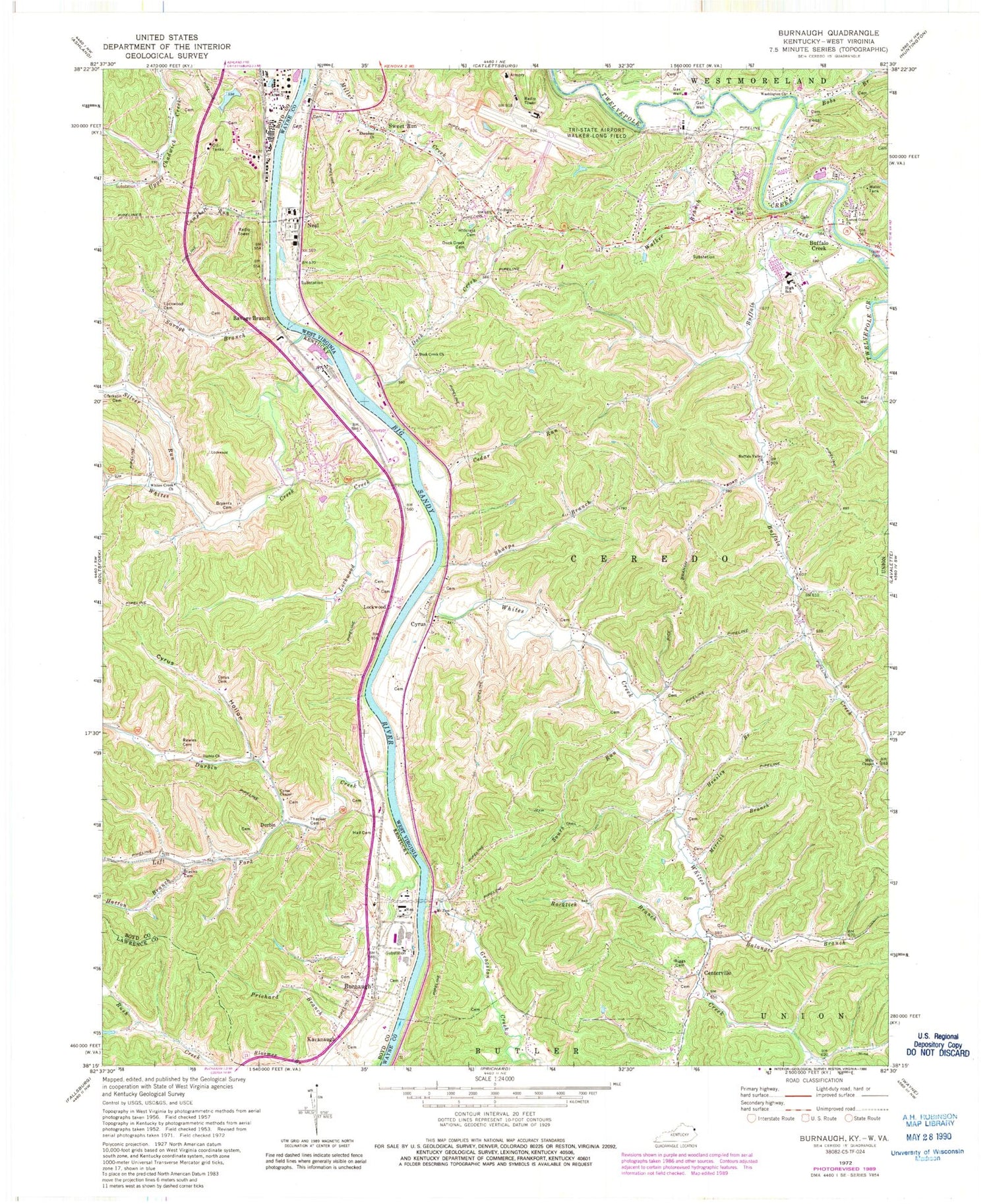 Classic USGS Burnaugh Kentucky 7.5'x7.5' Topo Map Image