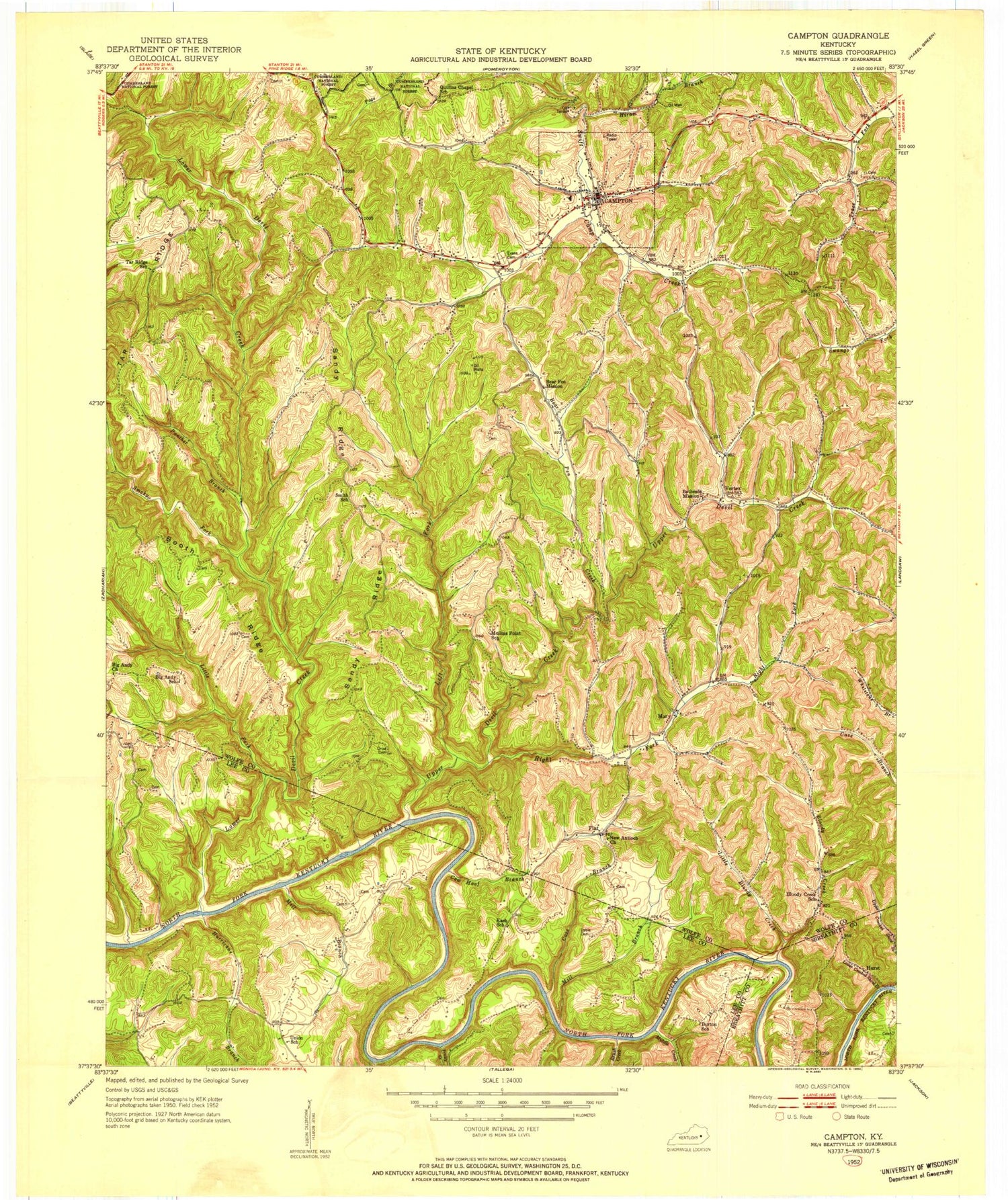 Classic USGS Campton Kentucky 7.5'x7.5' Topo Map Image