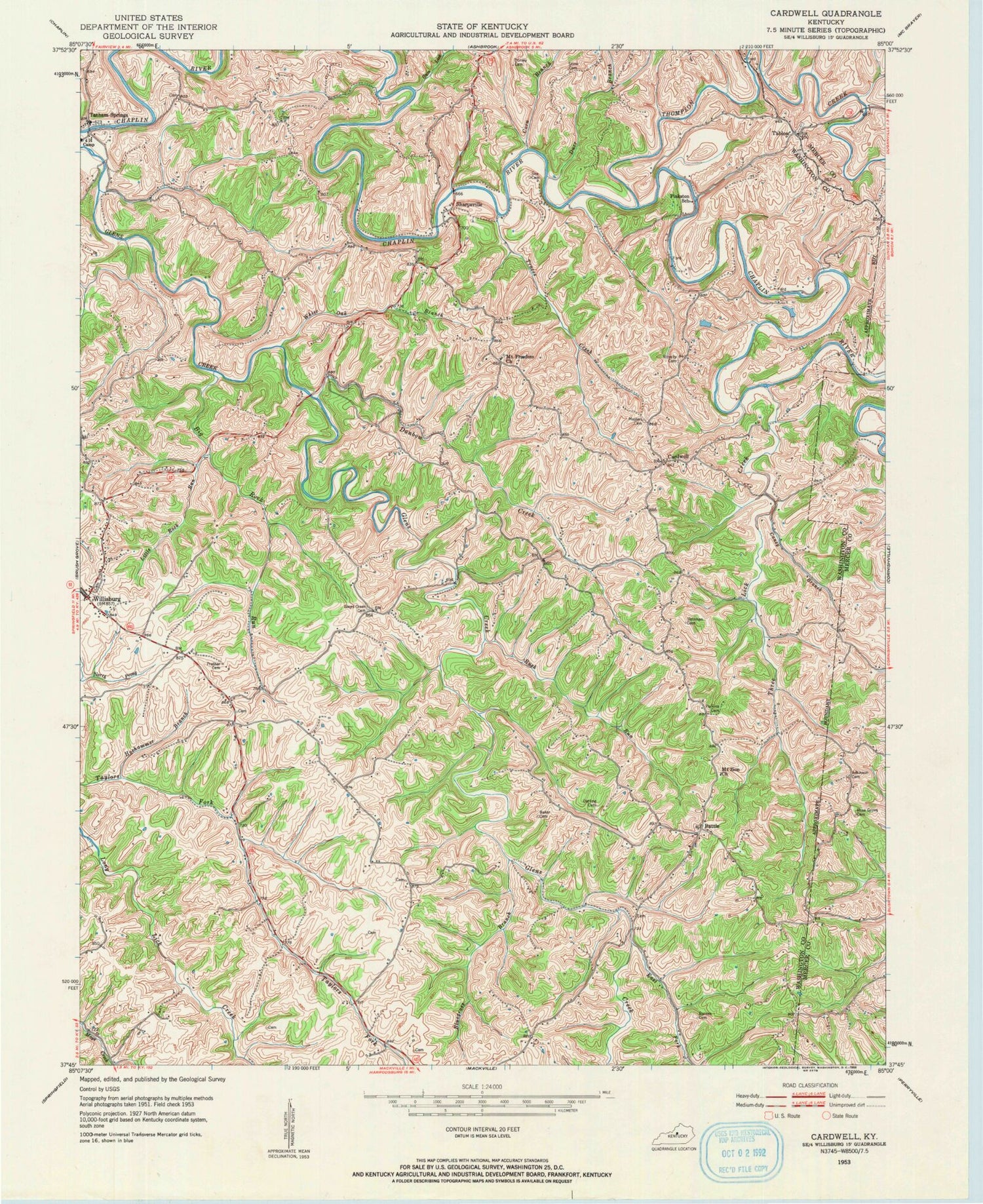 Classic USGS Cardwell Kentucky 7.5'x7.5' Topo Map Image