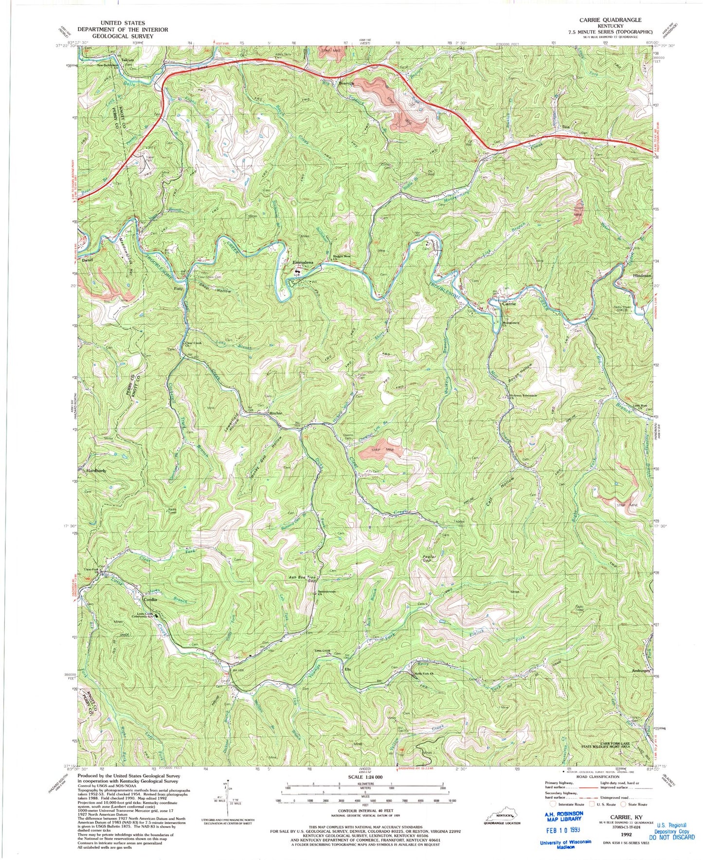 Classic USGS Carrie Kentucky 7.5'x7.5' Topo Map Image