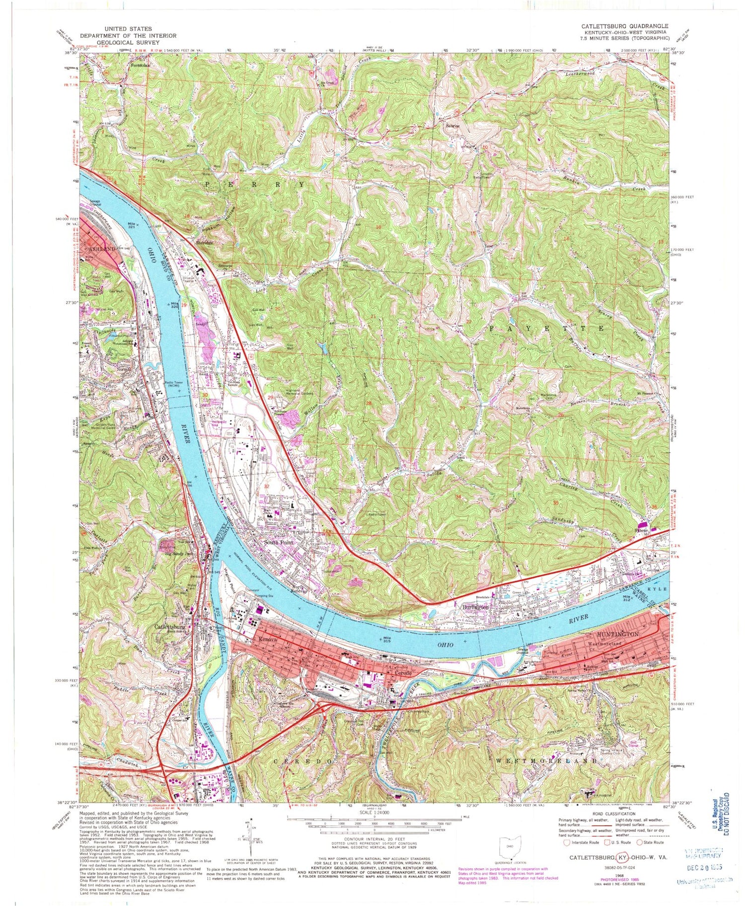Classic USGS Catlettsburg Kentucky 7.5'x7.5' Topo Map Image