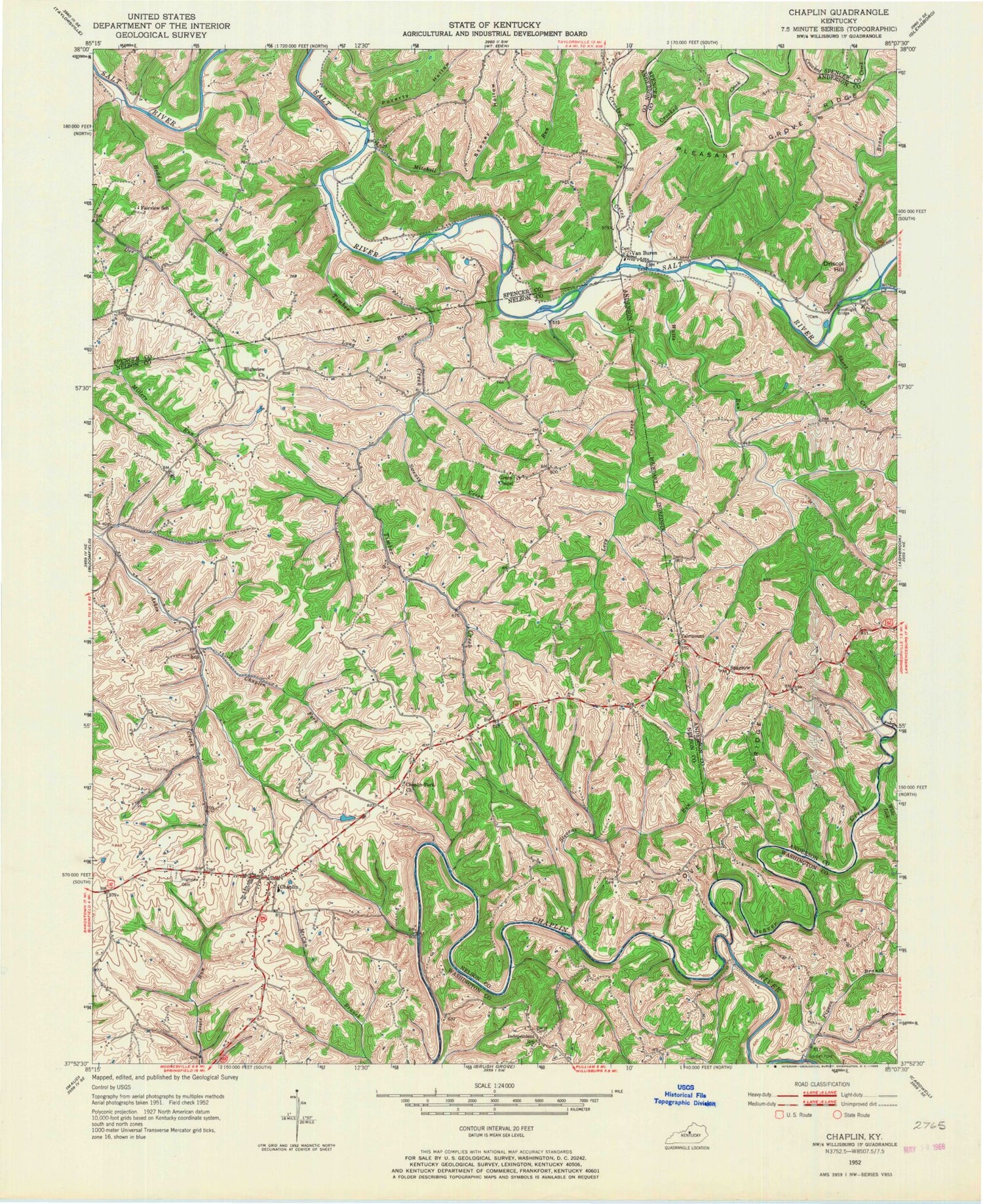 Classic USGS Chaplin Kentucky 7.5'x7.5' Topo Map Image